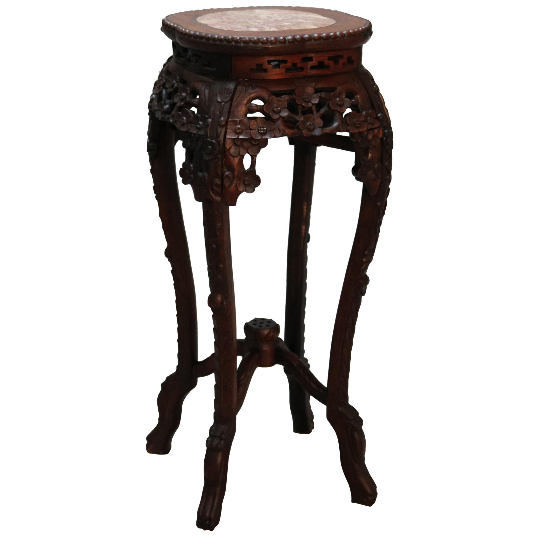 Antique Chinese Carved Hardwood & Marble Fern Stand, Circa 1900