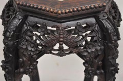 Antique Chinese Carved Hardwood Marble Top Oriental Plant Stand Side Table