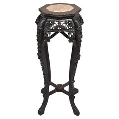 Antique Chinese Carved Hardwood Marble Top Oriental Plant Stand Side Table
