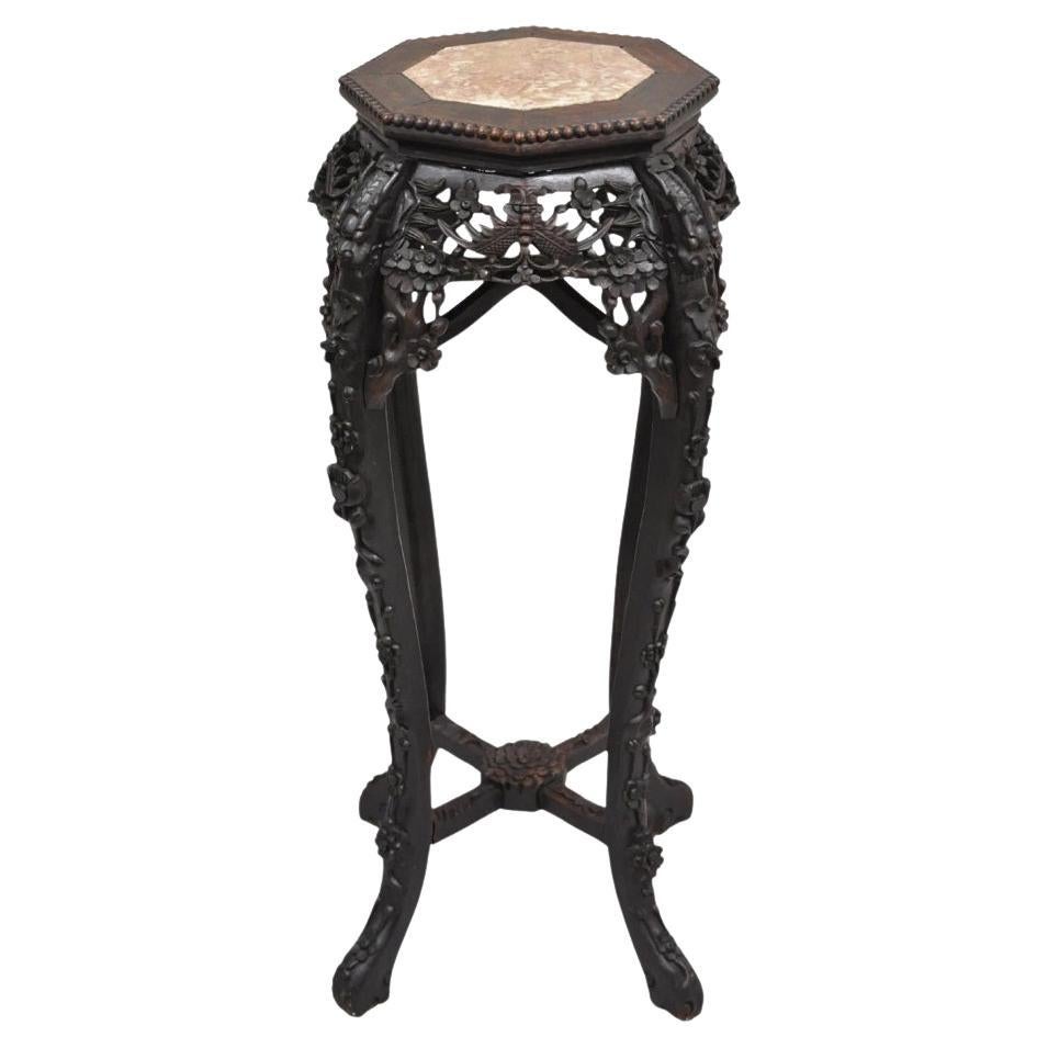 Antike chinesische geschnitzte Hartholz Marmor Top orientalische Pflanze Stand Beistelltisch