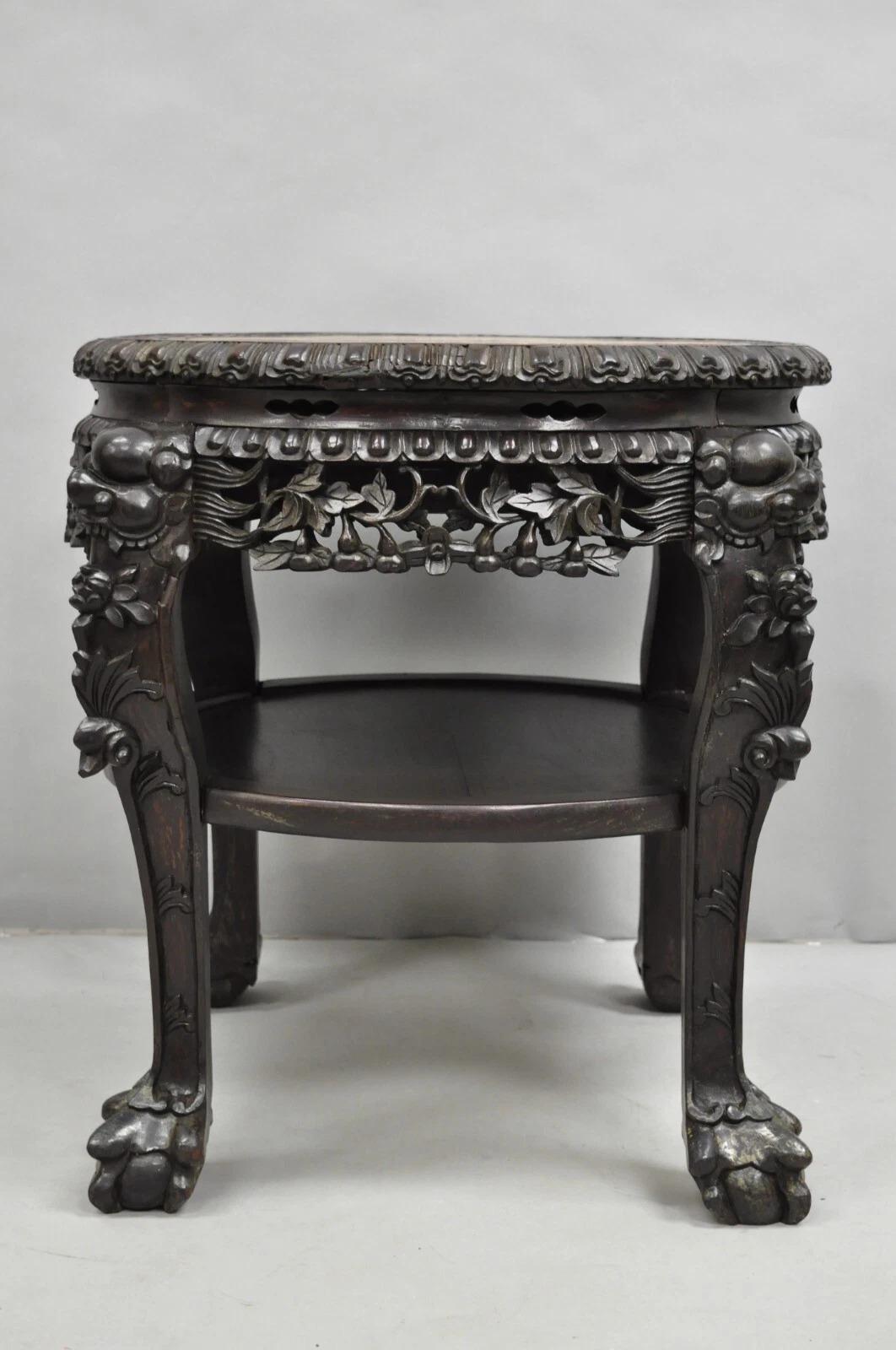 Antique Chinese Carved Hardwood Marble Top Pedestal Plant Stand Low Side Table en vente 4