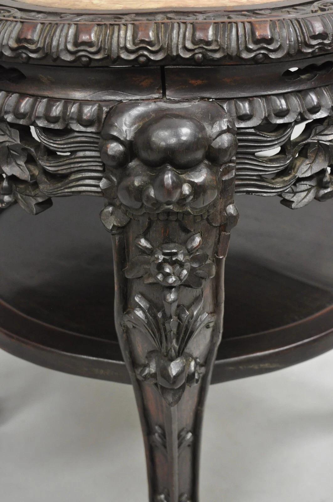 Antique Chinese Carved Hardwood Marble Top Pedestal Plant Stand Low Side Table en vente 5