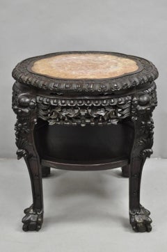 Antique Chinese Carved Hardwood Marble Top Pedestal Plant Stand Low Side Table