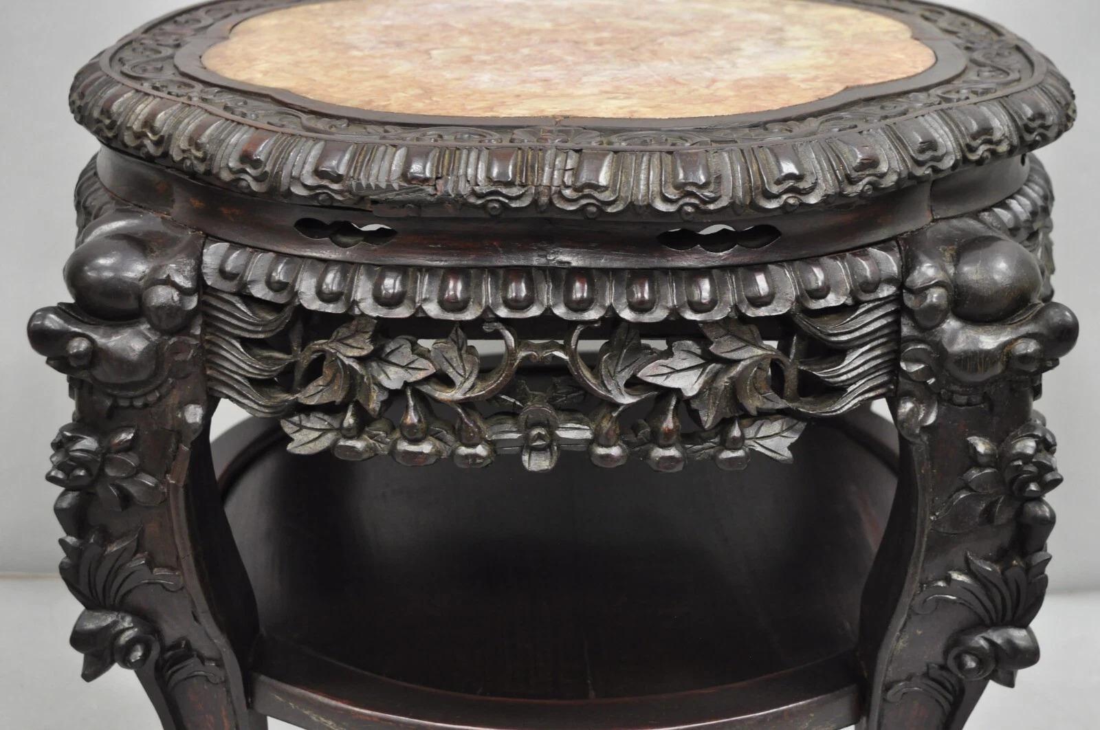 Chinoiseries Antique Chinese Carved Hardwood Marble Top Pedestal Plant Stand Low Side Table en vente