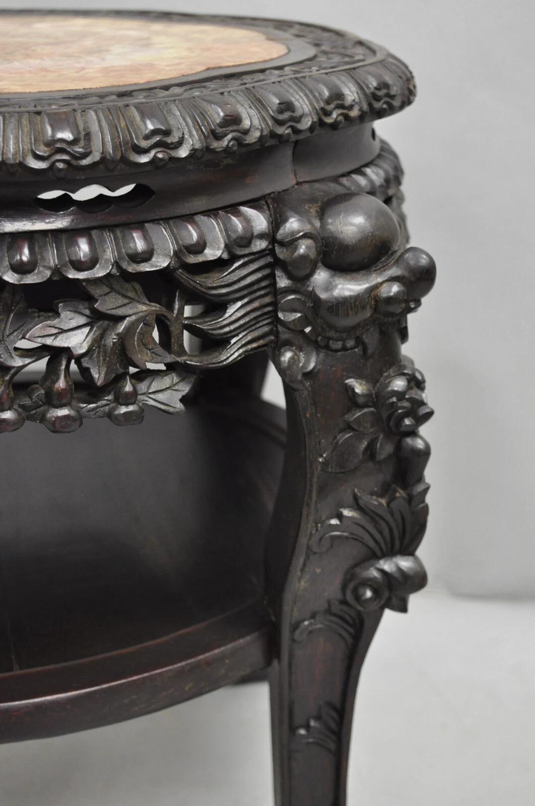 Antique Chinese Carved Hardwood Marble Top Pedestal Plant Stand Low Side Table Bon état - En vente à Philadelphia, PA