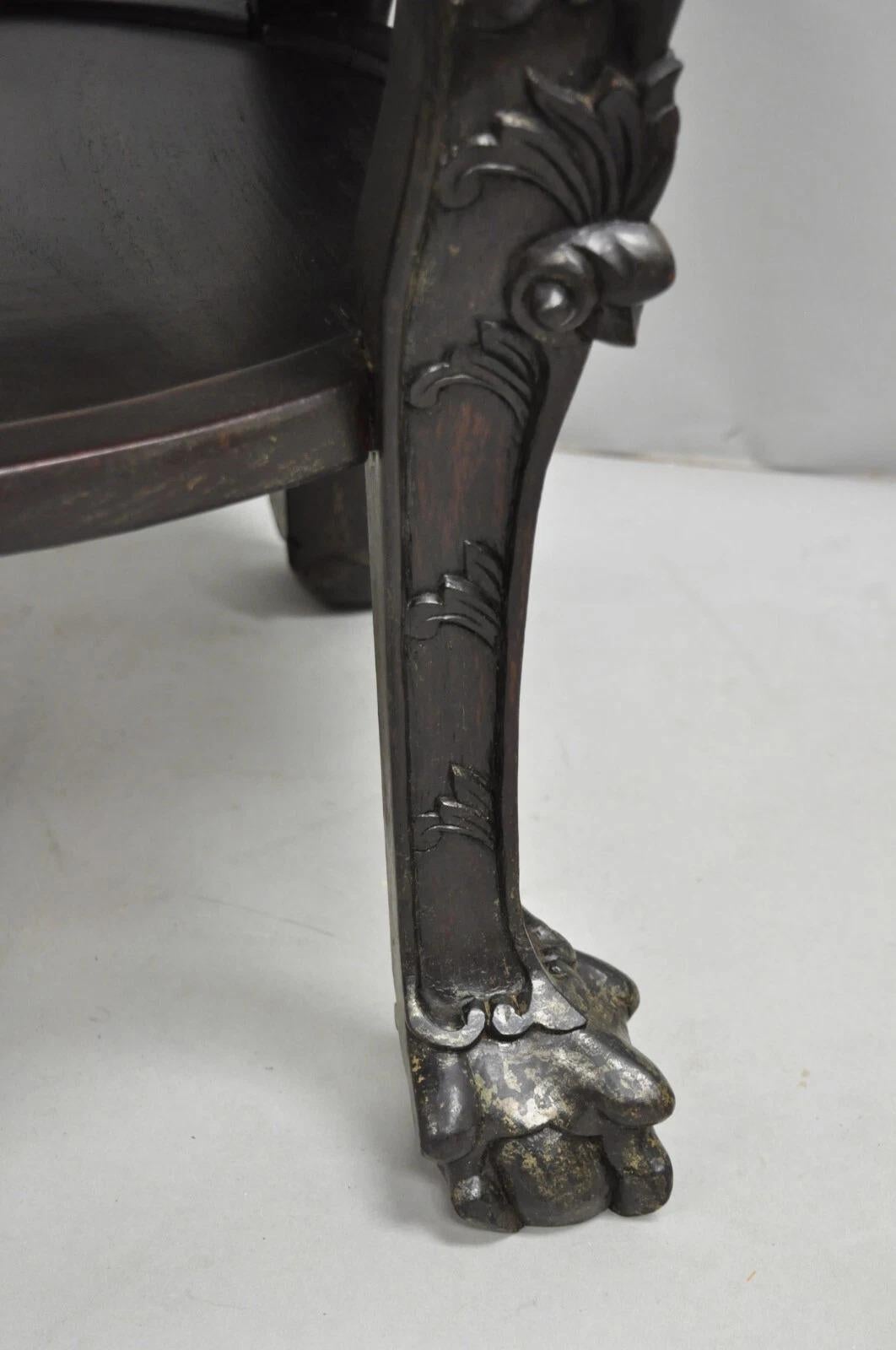 20ième siècle Antique Chinese Carved Hardwood Marble Top Pedestal Plant Stand Low Side Table en vente