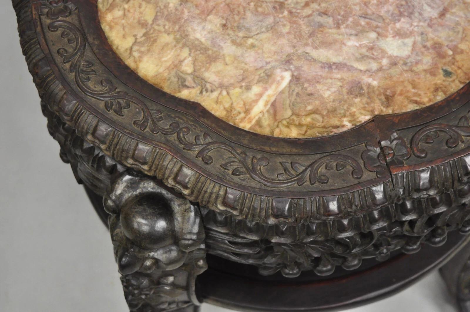 Antique Chinese Carved Hardwood Marble Top Pedestal Plant Stand Low Side Table en vente 1