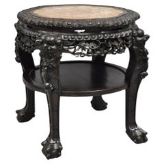 Antique Chinese Carved Hardwood Marble Top Pedestal Plant Stand Low Side Table