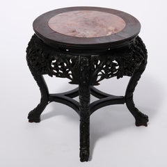 Antique Chinese Carved Hardwood Marble Top Plant Stand, Circa 1920