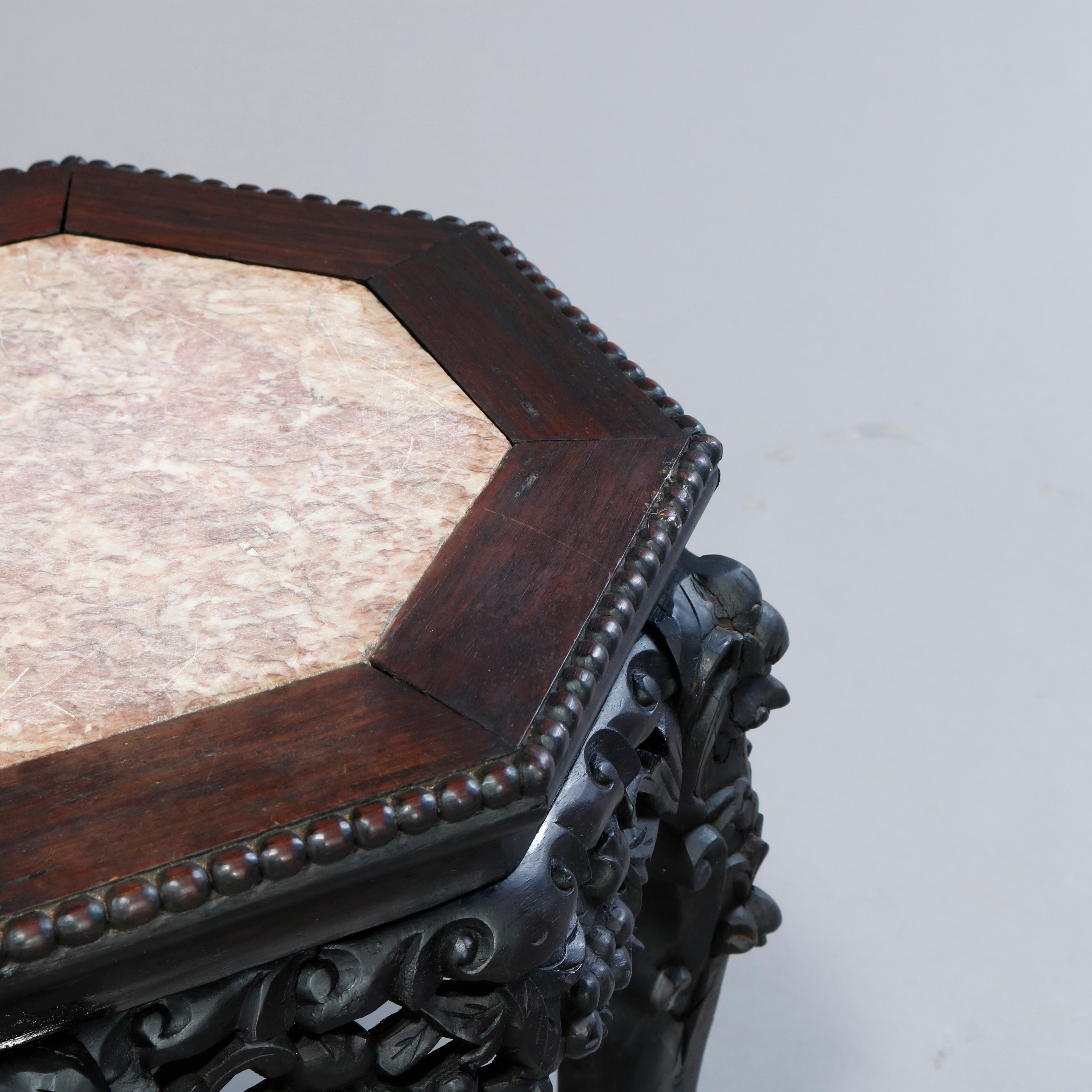 Antique Chinese Carved Hardwood Marble-Top Plant Stand, Circa 1920 In Good Condition In Big Flats, NY