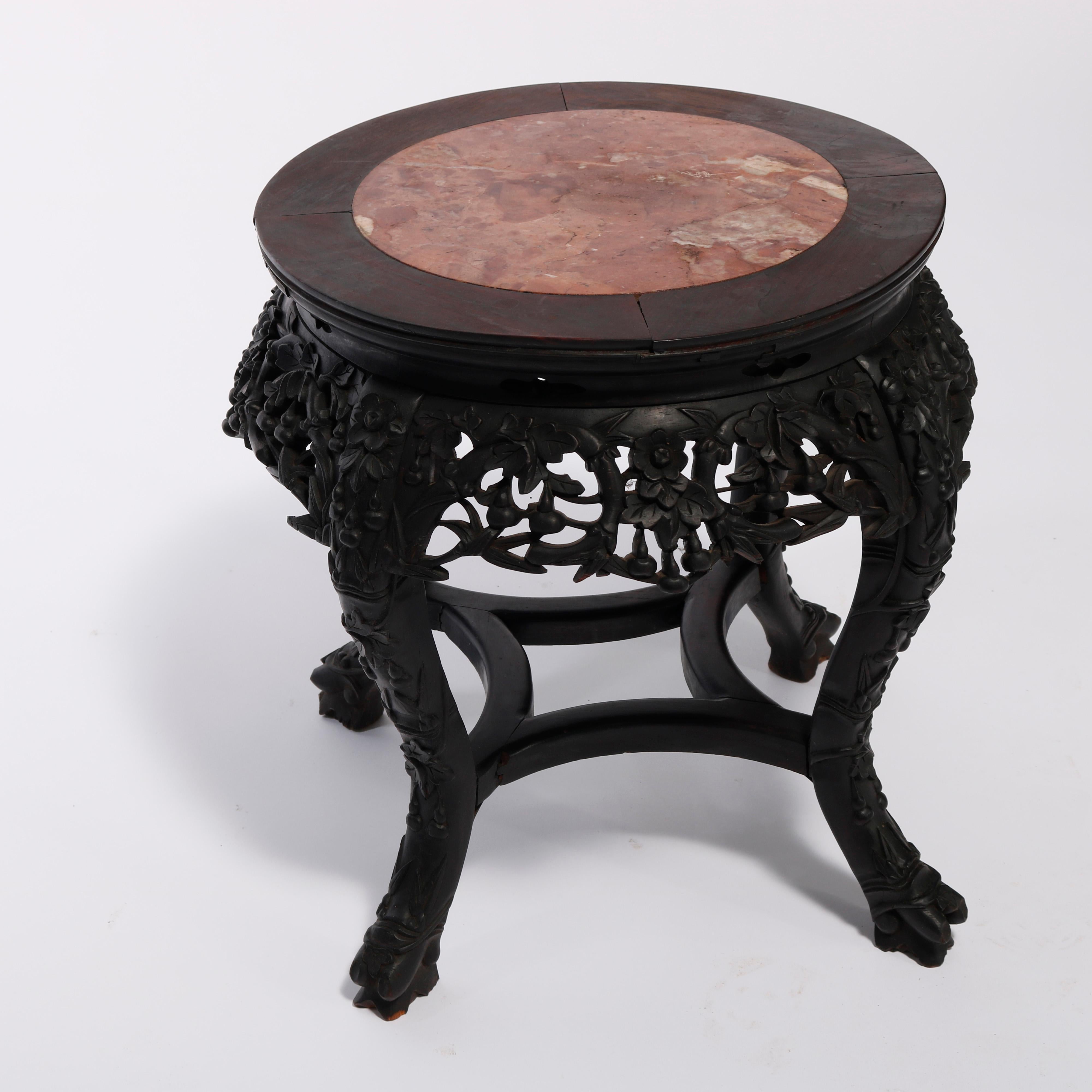 Antique Chinese Carved Hardwood Marble Top Plant Stand, Circa 1920 In Good Condition For Sale In Big Flats, NY