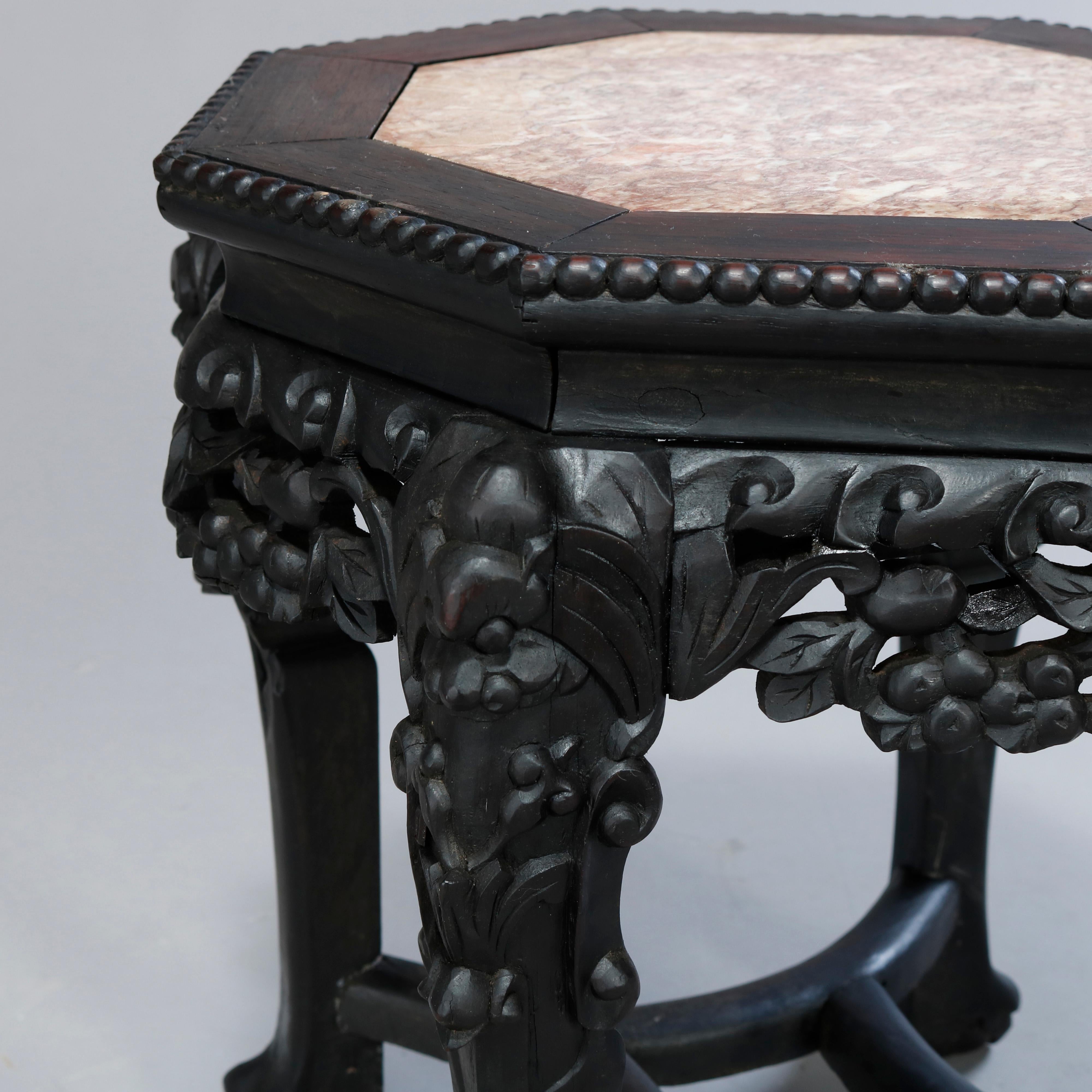 20th Century Antique Chinese Carved Hardwood Marble-Top Plant Stand, Circa 1920