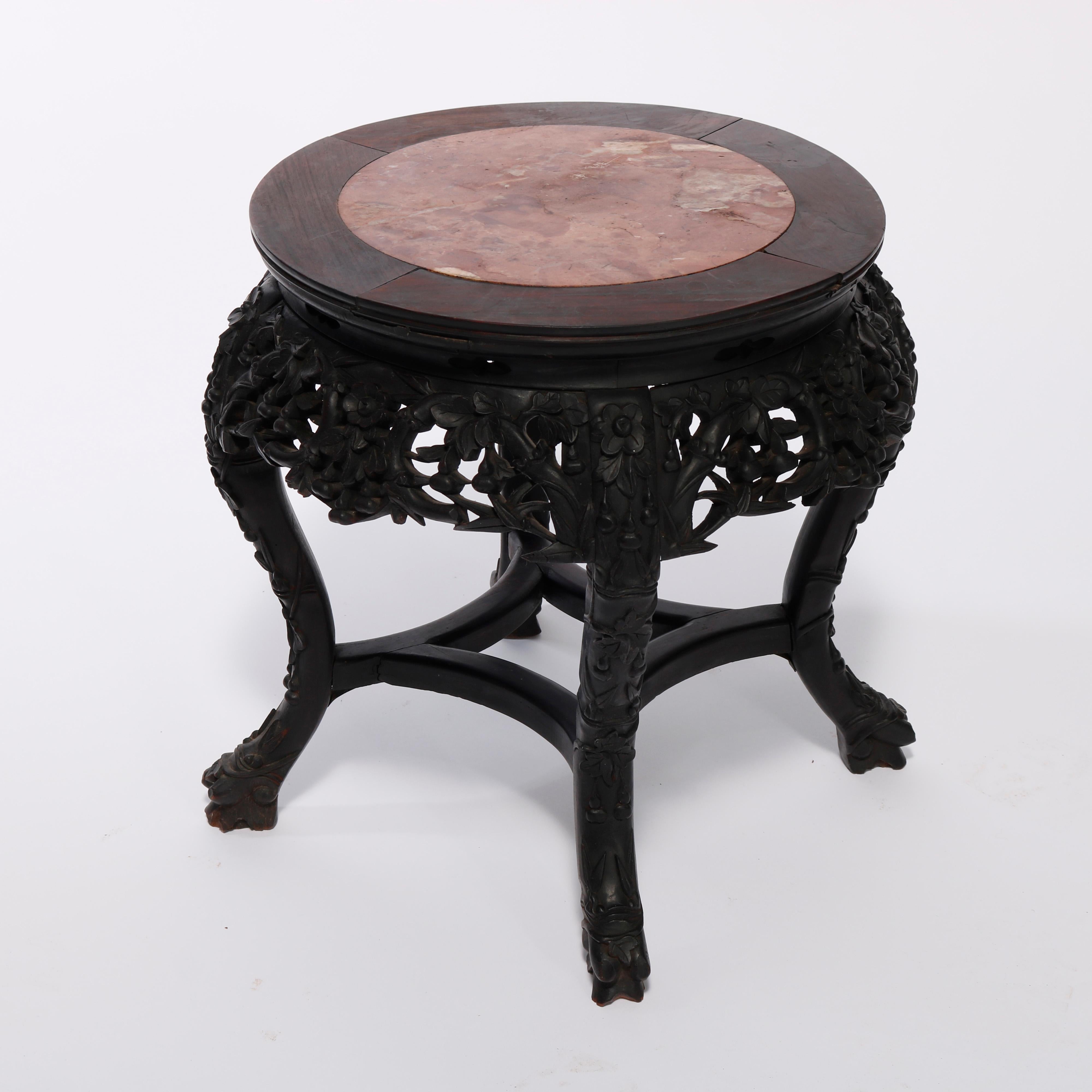 Antique Chinese Carved Hardwood Marble Top Plant Stand, Circa 1920 For Sale 1