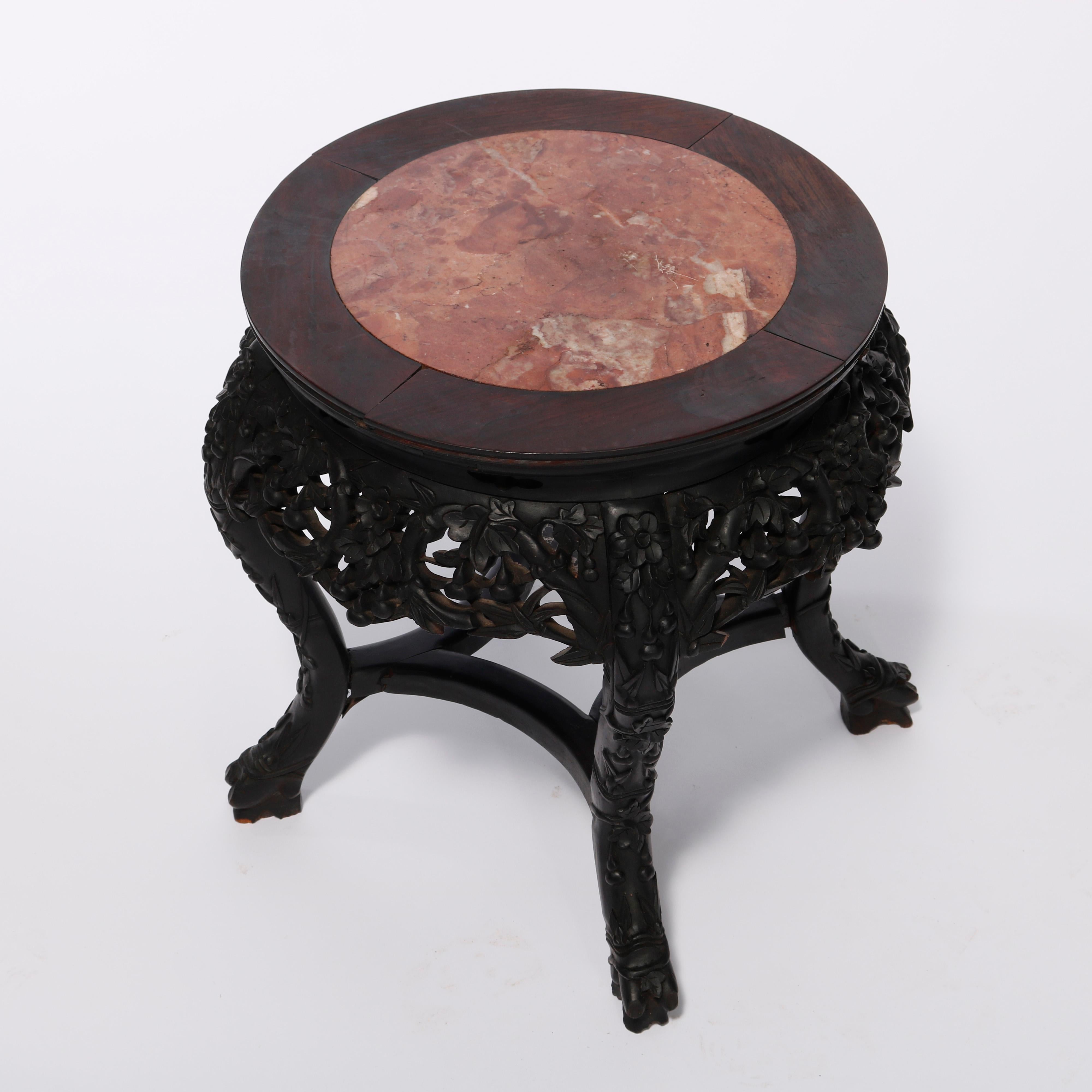 Antique Chinese Carved Hardwood Marble Top Plant Stand, Circa 1920 In Good Condition For Sale In Big Flats, NY