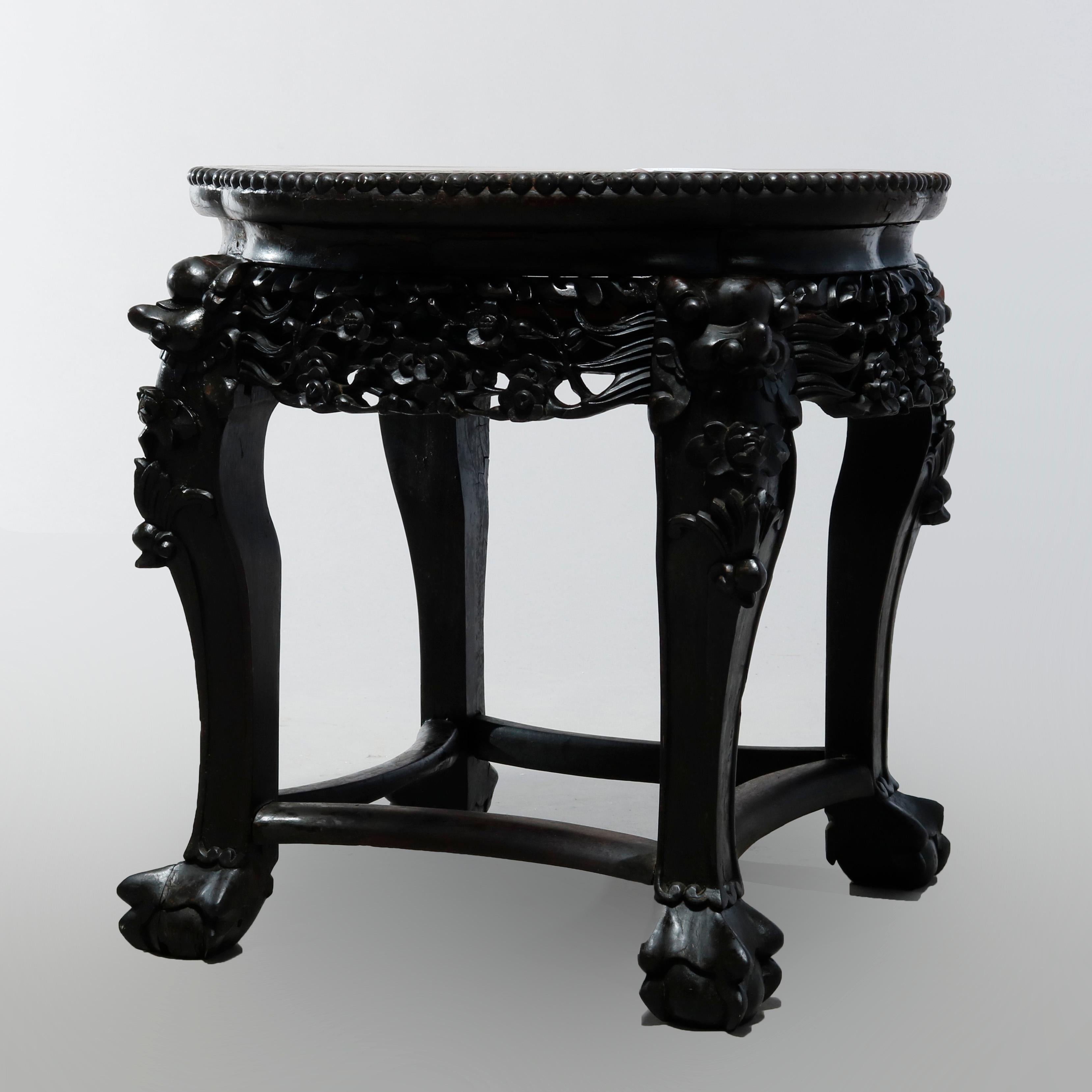 Antique Chinese Carved Hardwood Marble-Top Plant Stand, Circa 1920 3