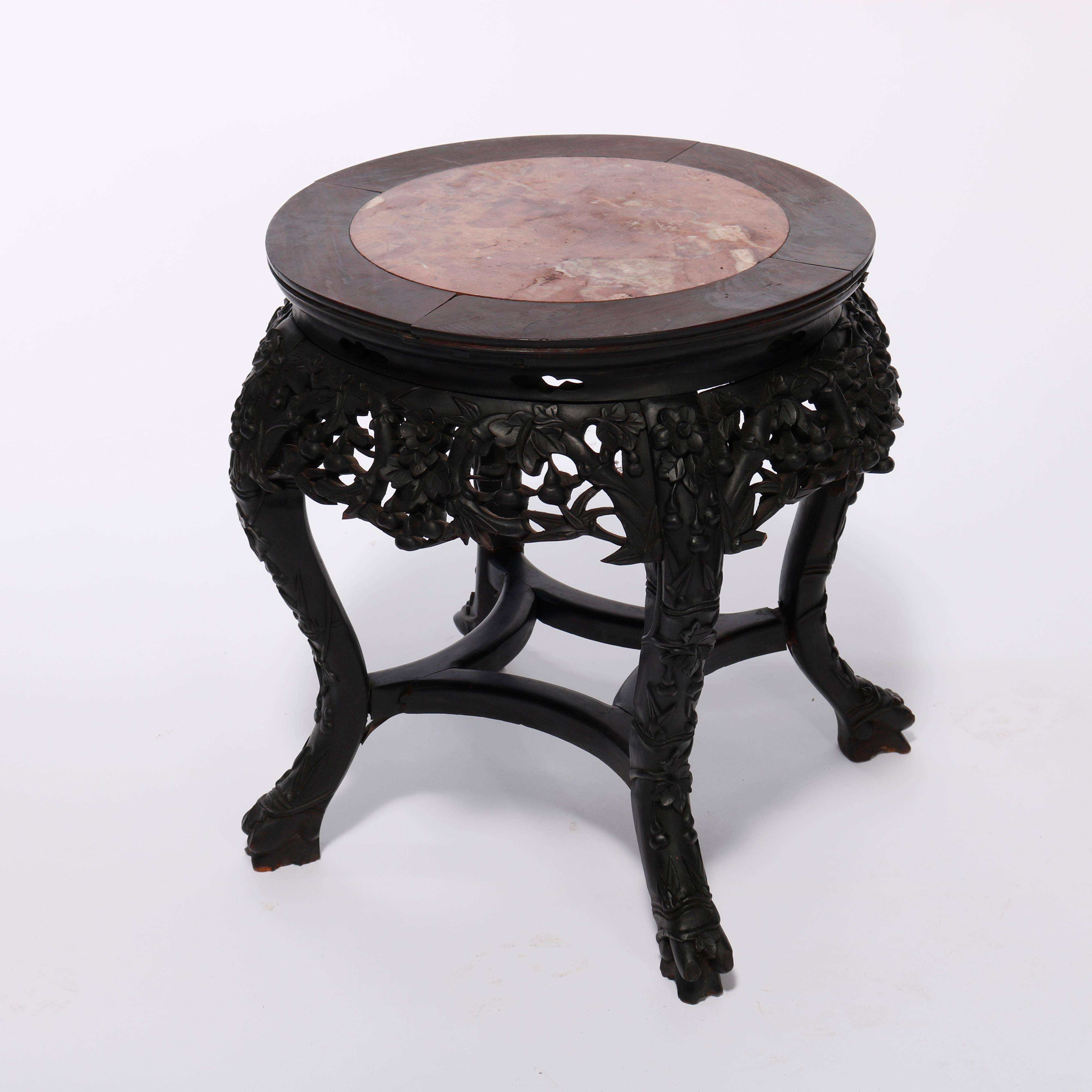 20th Century Antique Chinese Carved Hardwood Marble Top Plant Stand, Circa 1920 For Sale