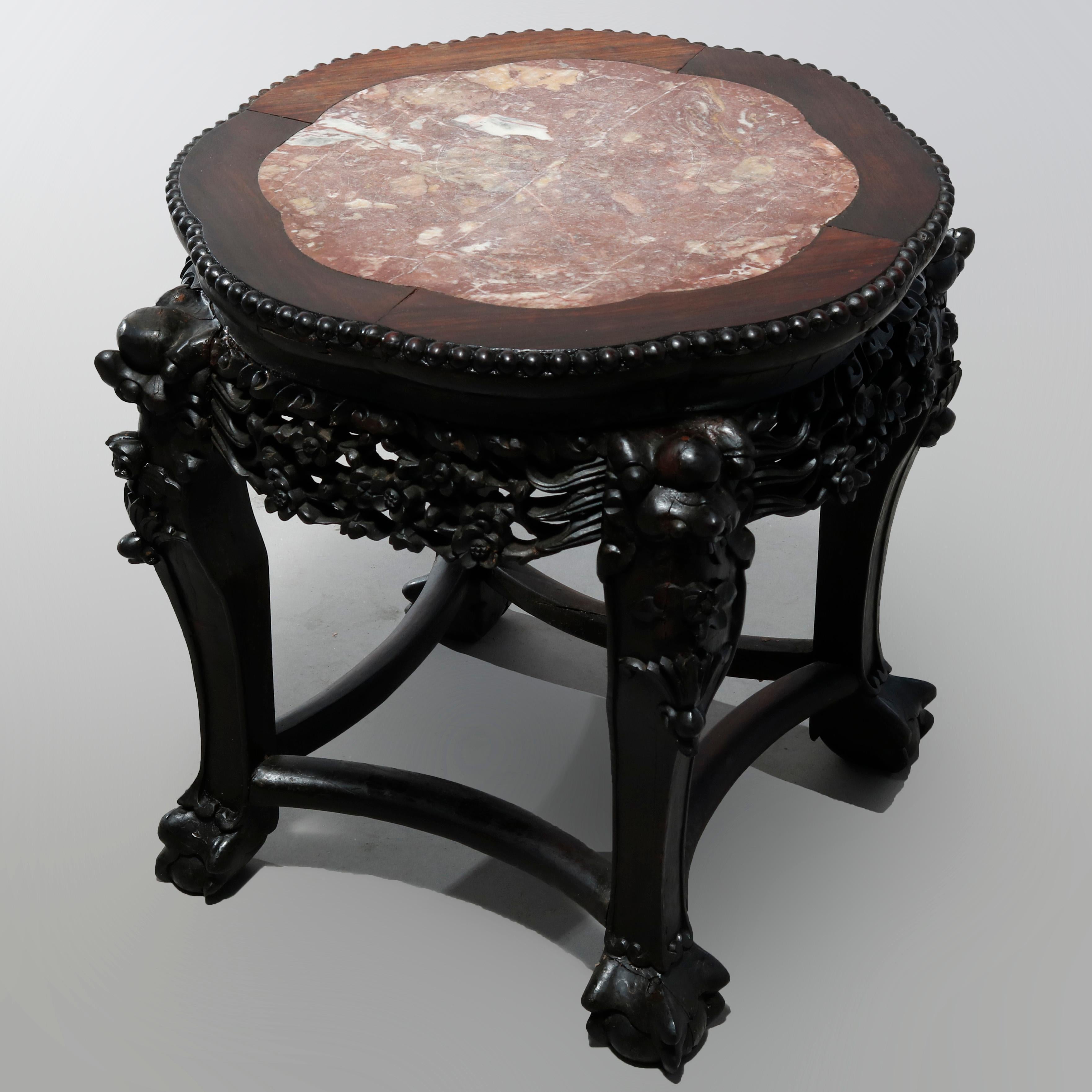 Antique Chinese Carved Hardwood Marble-Top Plant Stand, Circa 1920 4