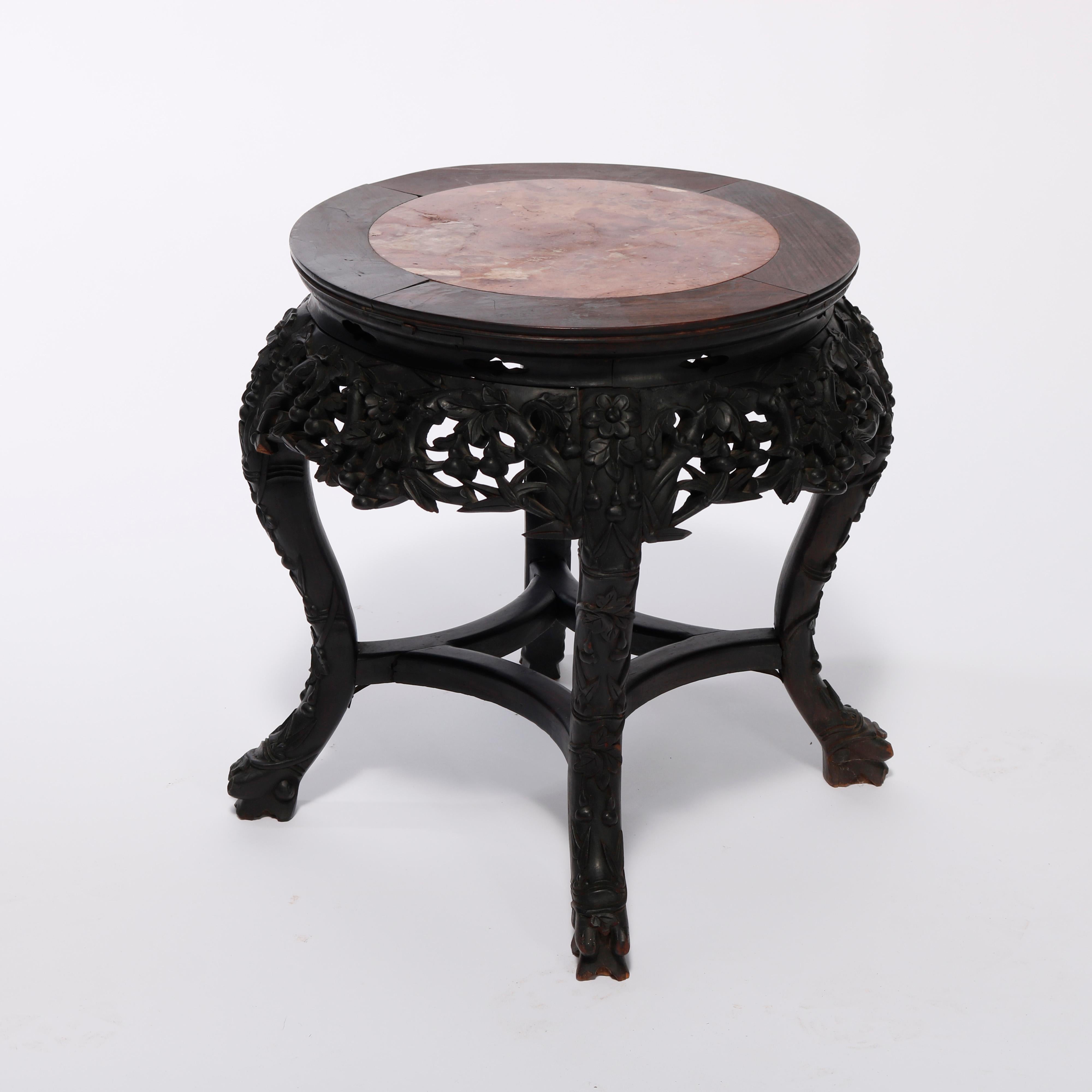 Antique Chinese Carved Hardwood Marble Top Plant Stand, Circa 1920 For Sale 1
