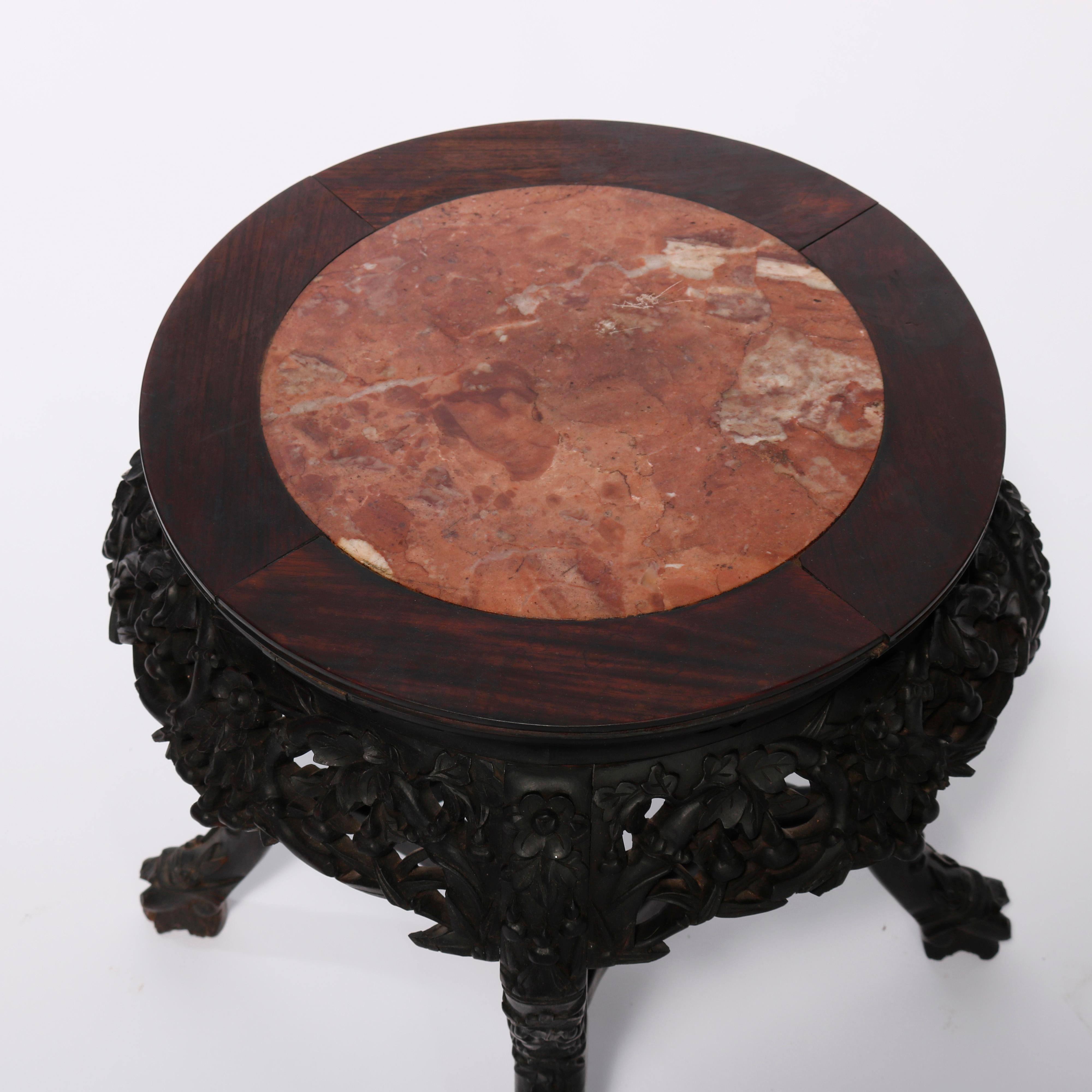 Antique Chinese Carved Hardwood Marble Top Plant Stand, Circa 1920 For Sale 2