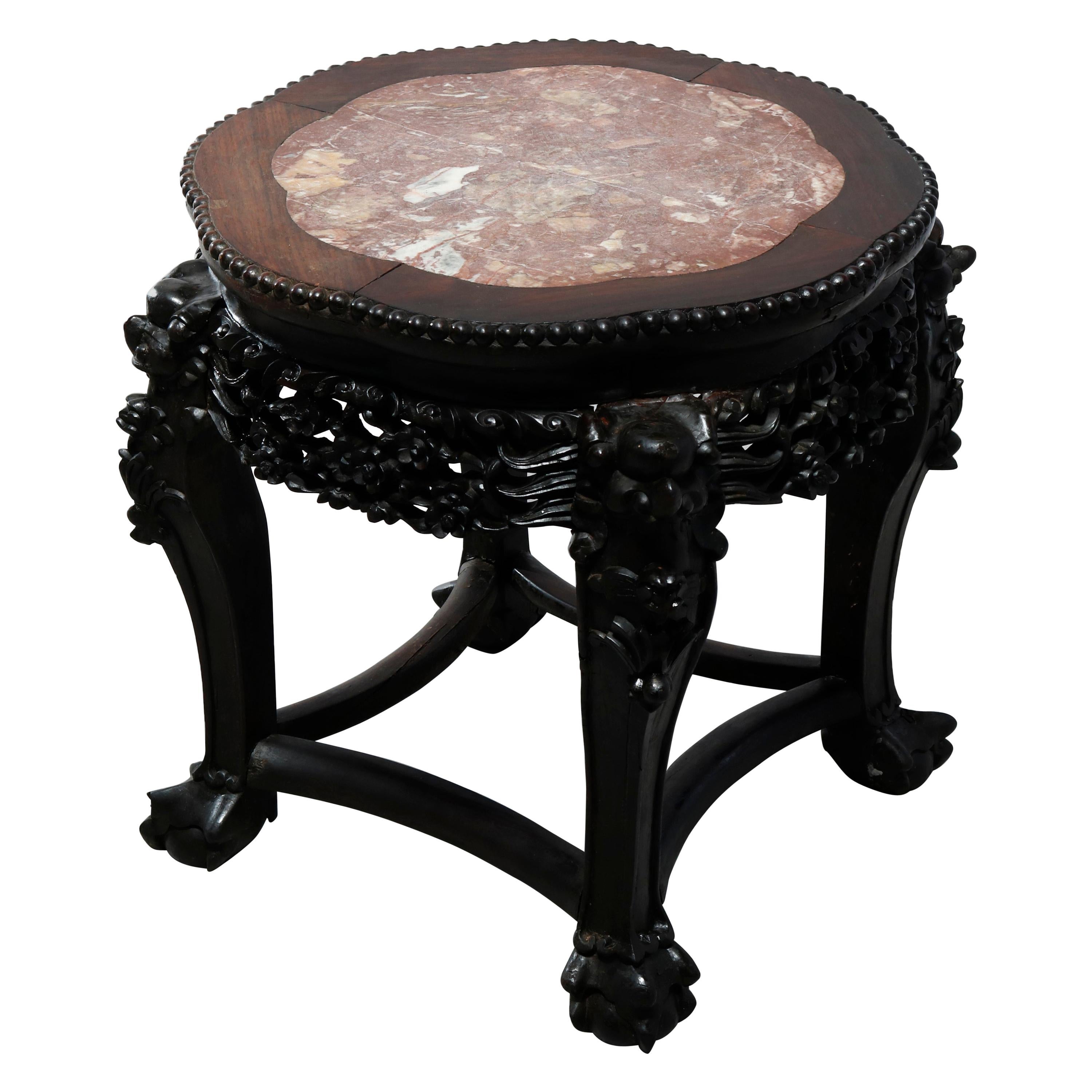 Antique Chinese Carved Hardwood Marble-Top Plant Stand, Circa 1920