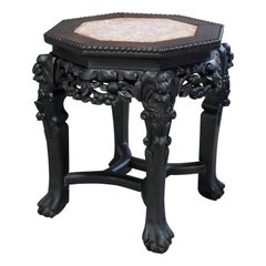 Antique Chinese Carved Hardwood Marble-Top Plant Stand, Circa 1920