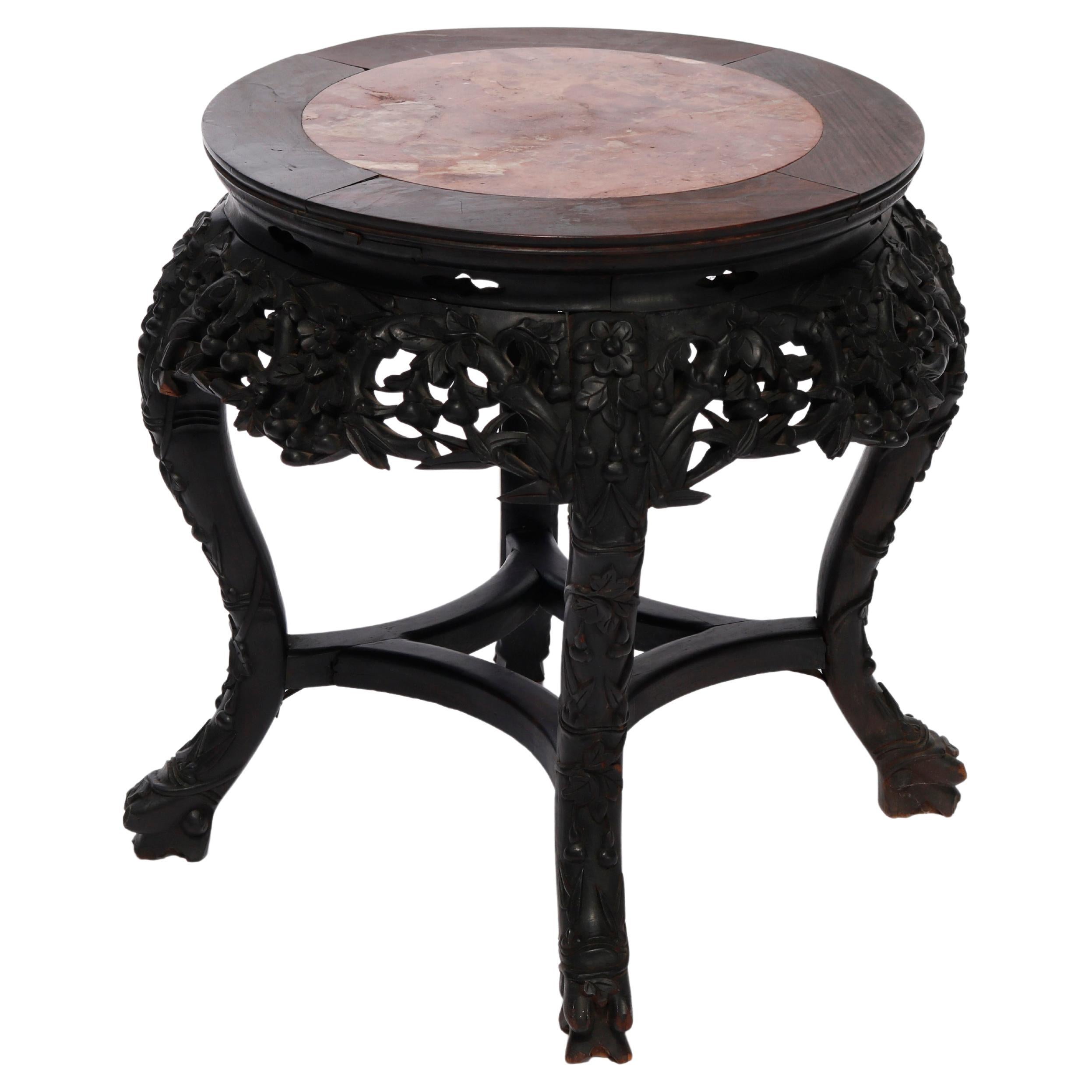 Antique Chinese Carved Hardwood Marble Top Plant Stand, Circa 1920 For Sale