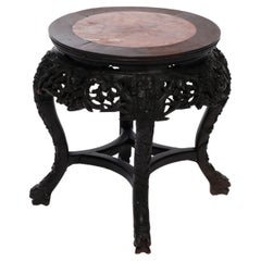 Antique Chinese Carved Hardwood Marble Top Plant Stand, Circa 1920