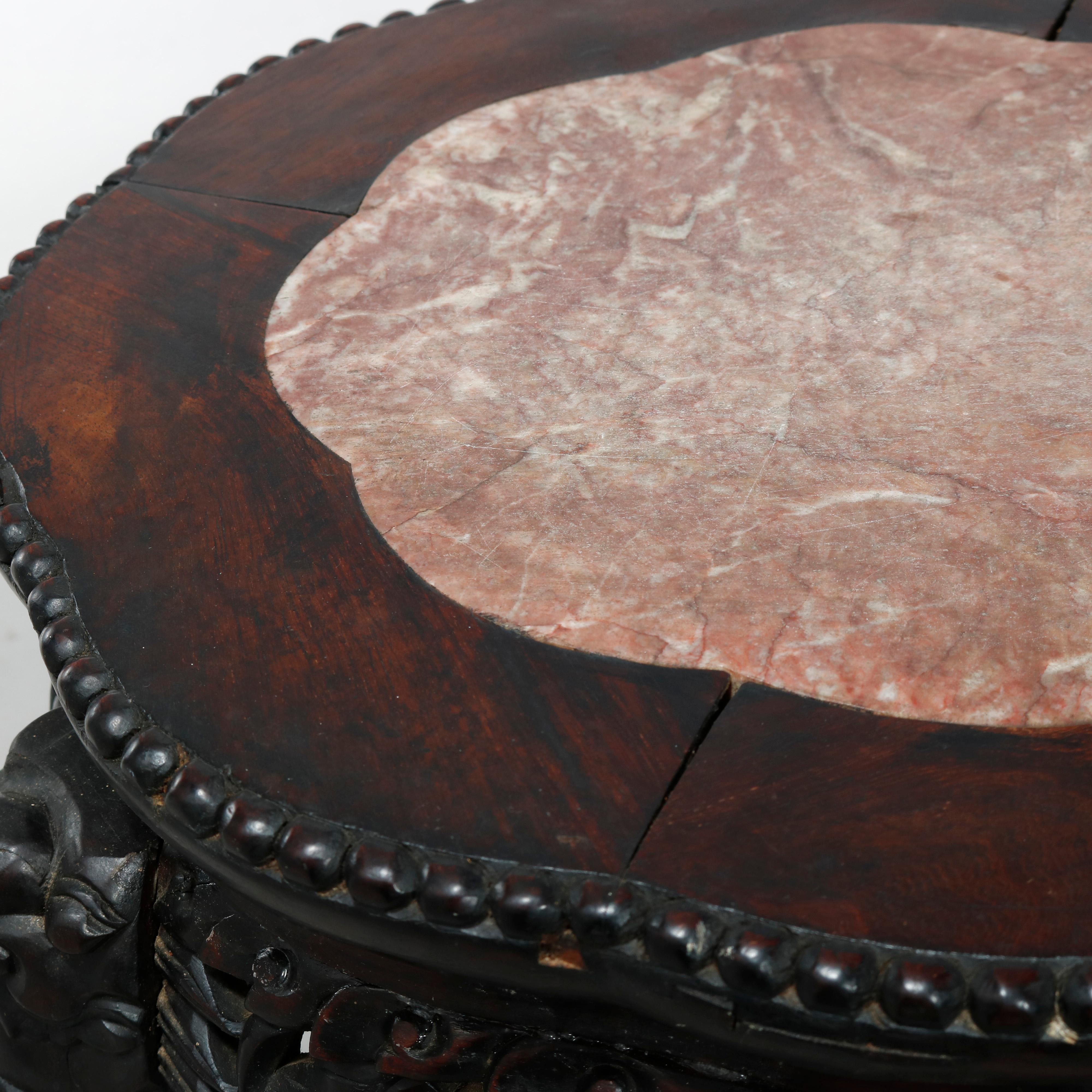 Antique Chinese Carved Hardwood Marble Top Stand, Circa 1920 In Good Condition In Big Flats, NY