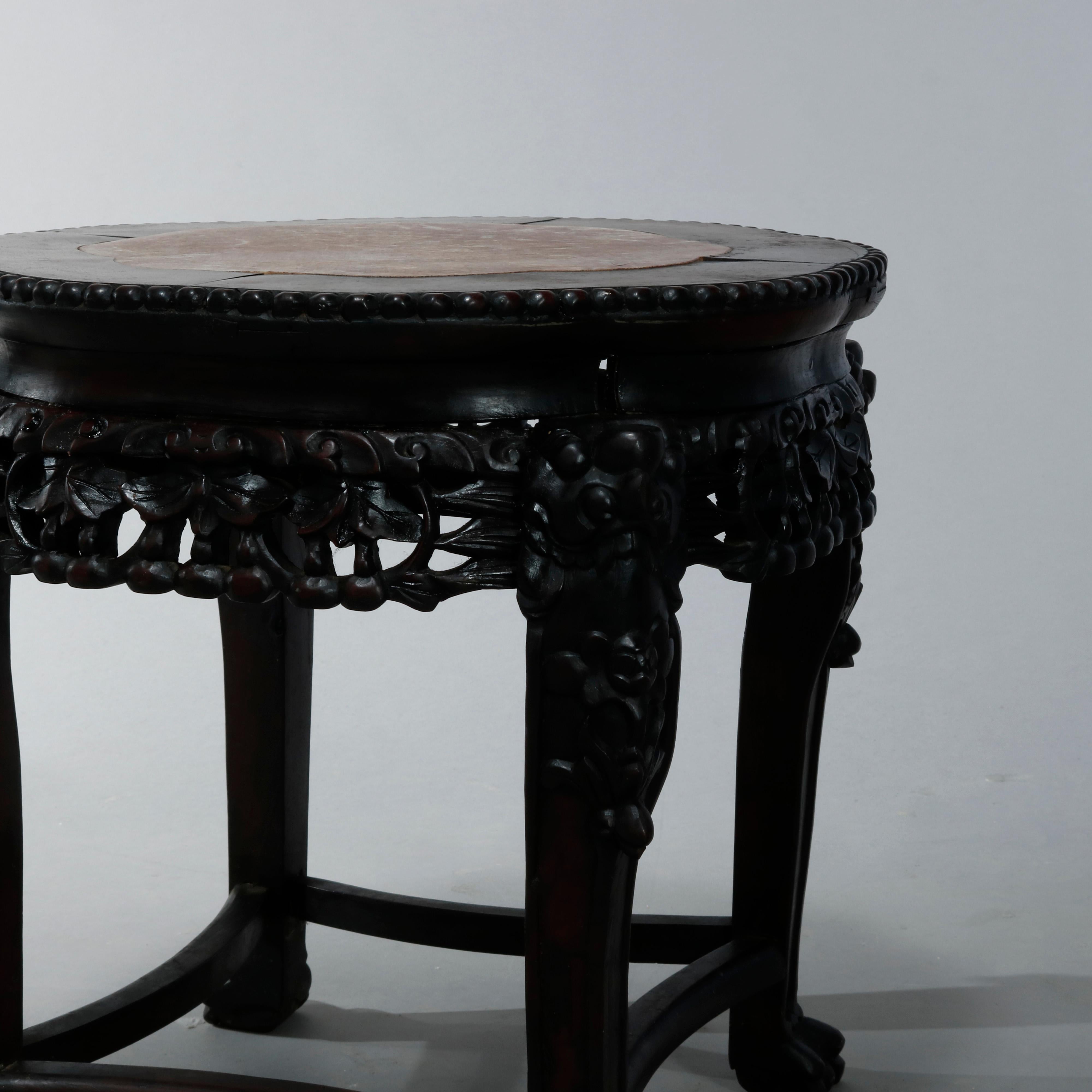 Wood Antique Chinese Carved Hardwood Marble Top Stand, Circa 1920