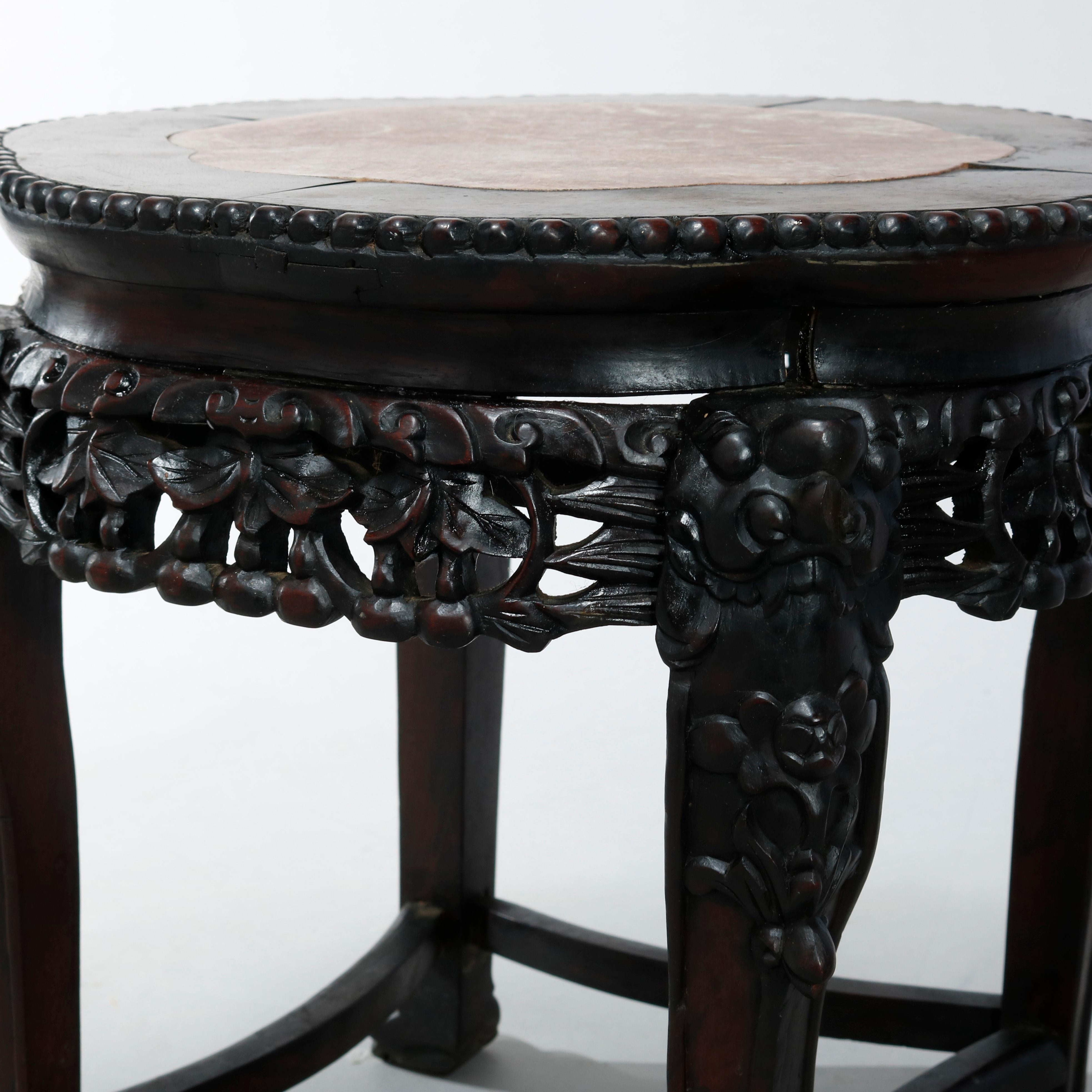 Antique Chinese Carved Hardwood Marble Top Stand, Circa 1920 1