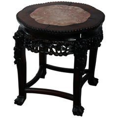 Antique Chinese Carved Hardwood Marble Top Stand, Circa 1920