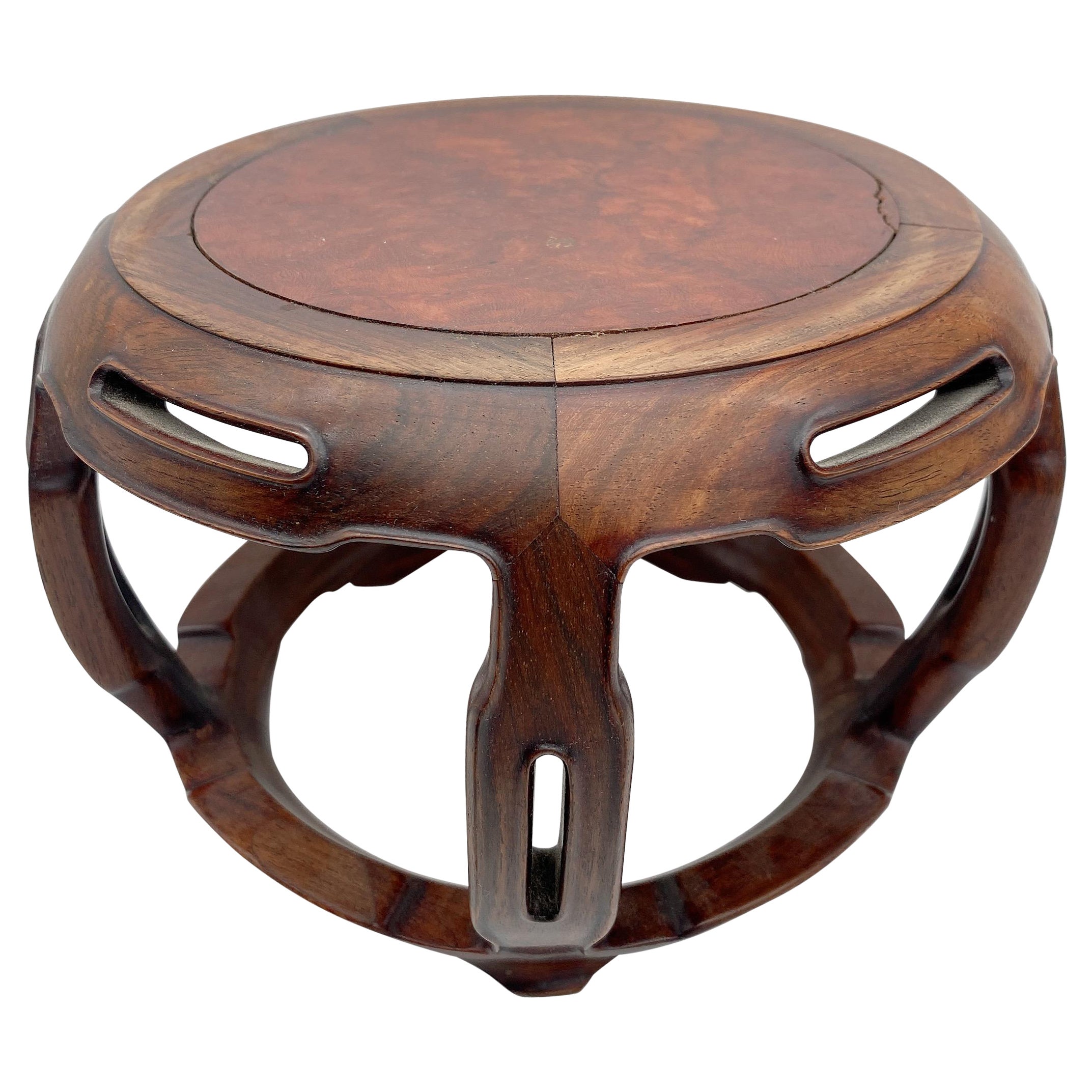 Antique Chinese Carved Hardwood Stand with Burl Top