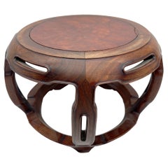Antique Chinese Carved Hardwood Stand with Burl Top