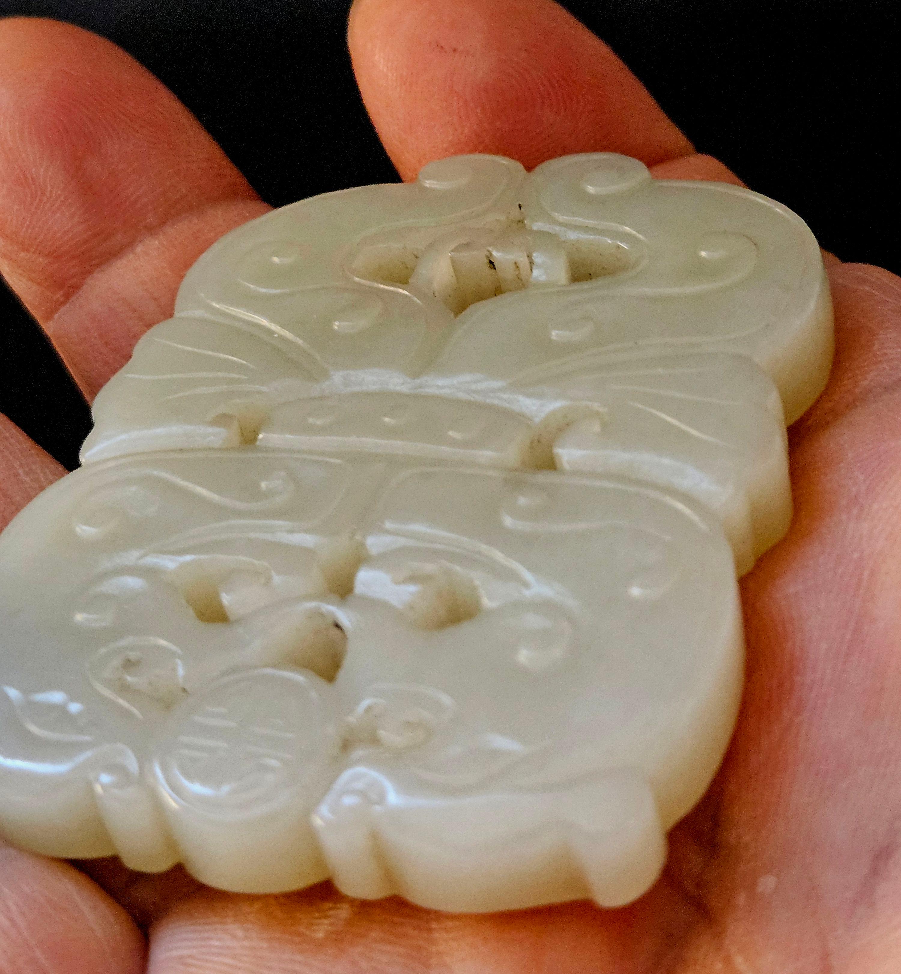 19th Century Antique Chinese Carved Hetain Celadon Jade Pendant 