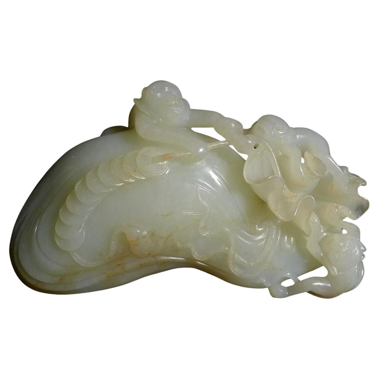 Antique Chinese Carved Hetain W/Celadon Jade "The Monkey Family" 18/19th Century For Sale