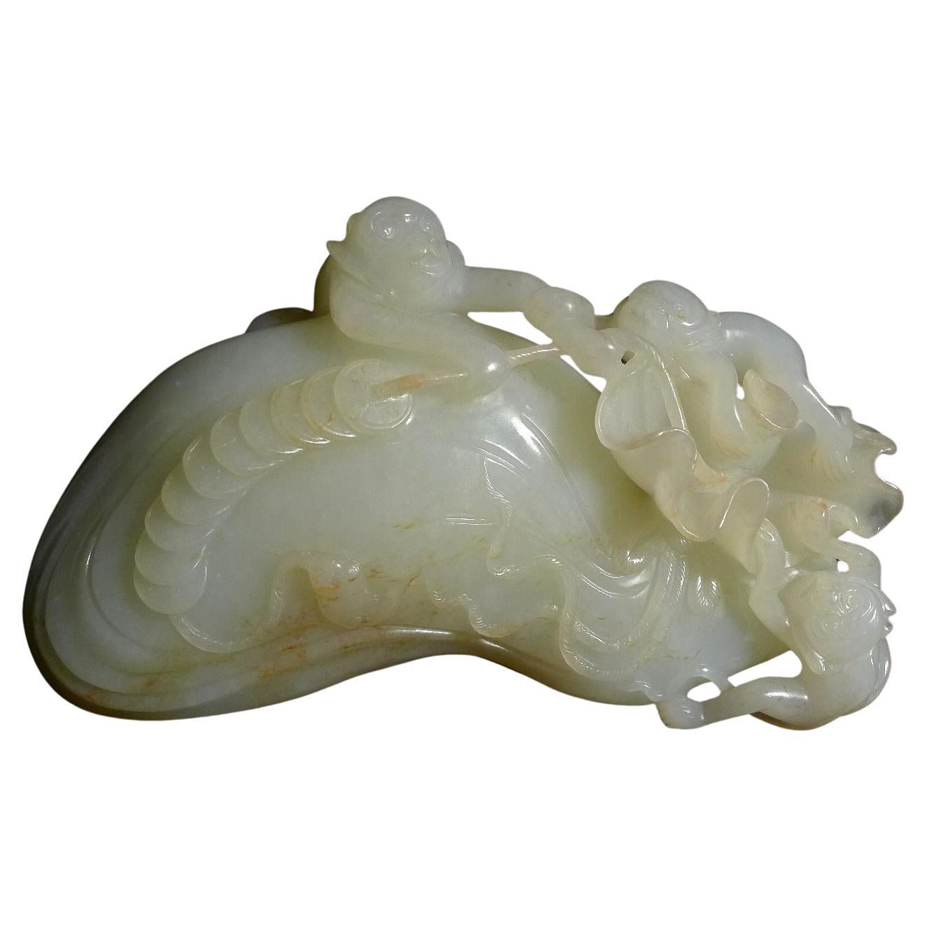 Antique Chinese Carved Hetain White/Celadon Jade "The Monkey Family" 18 Century For Sale