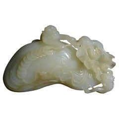 Vintage Chinese Carved Hetain White/Celadon Jade "The Monkey Family" 18 Century