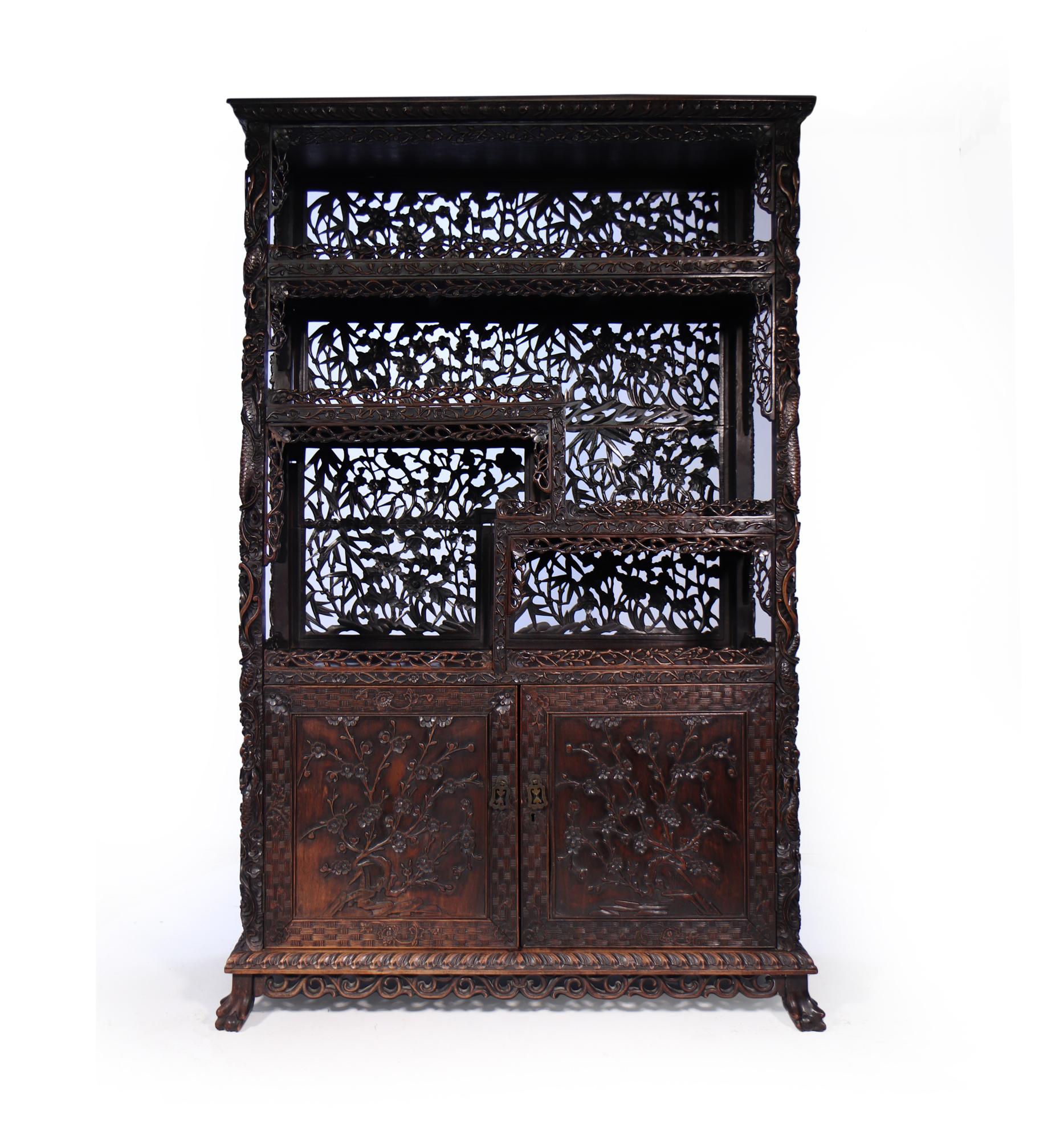 Chinese Export Antique Chinese Carved Hongmu Display Cabinet