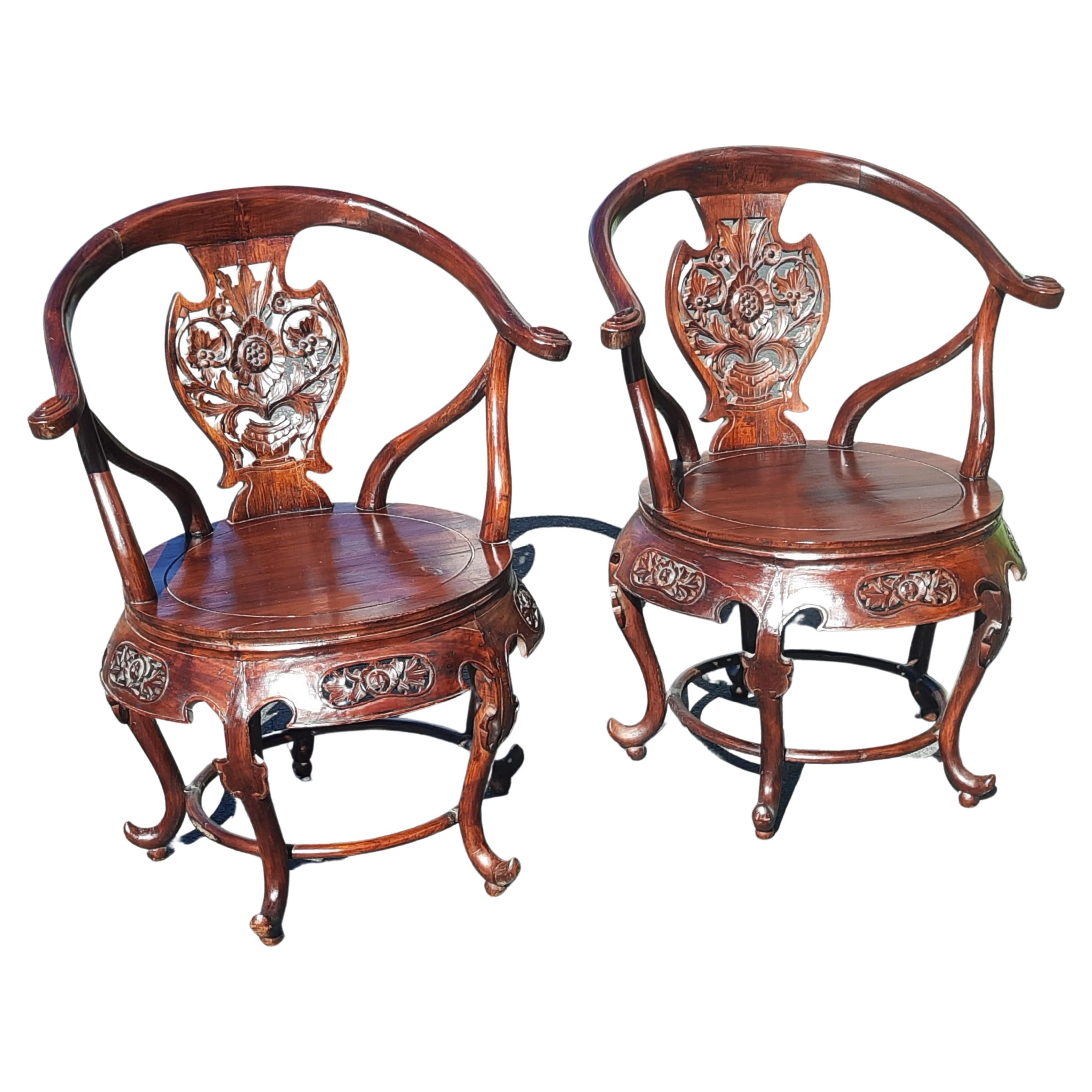 Antique Chinese Carved Hongmu Mahogany Arm Chairs, Circa 1960s, a Pair For Sale 5