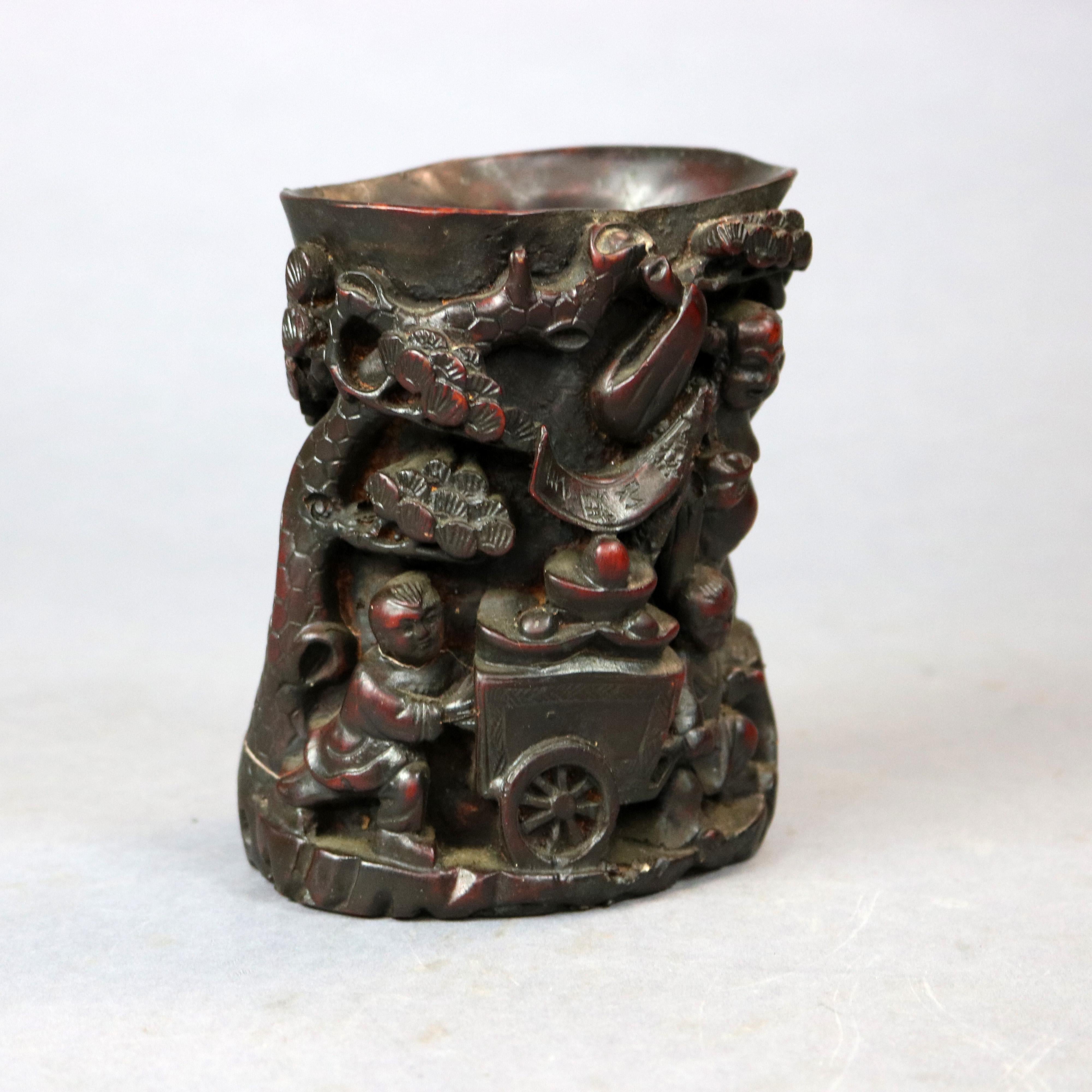 Antique Chinese Carved-In-Relief Resin Libation Cup, Genre Scene, 20th Century For Sale 5