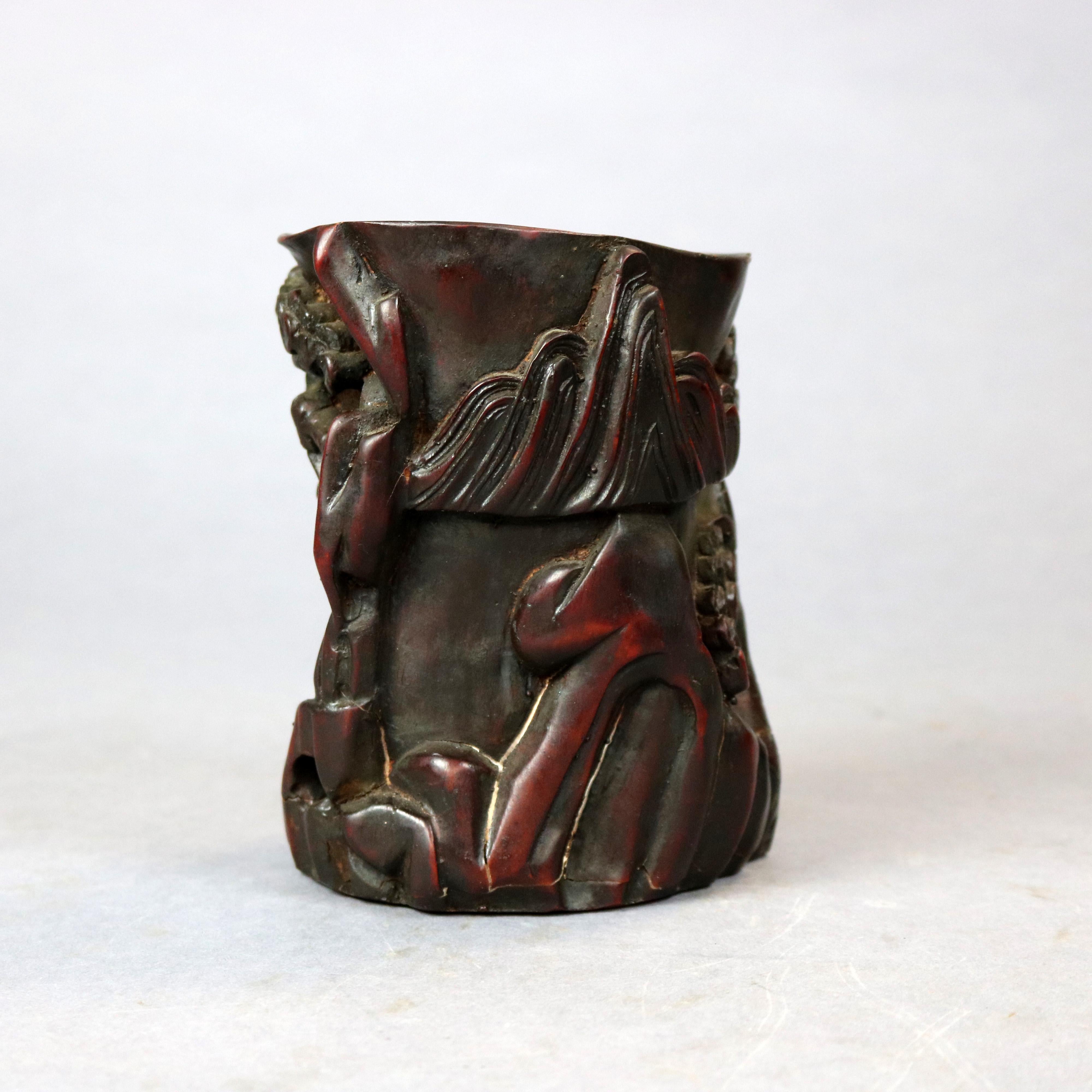 Antique Chinese Carved-In-Relief Resin Libation Cup, Genre Scene, 20th Century For Sale 7