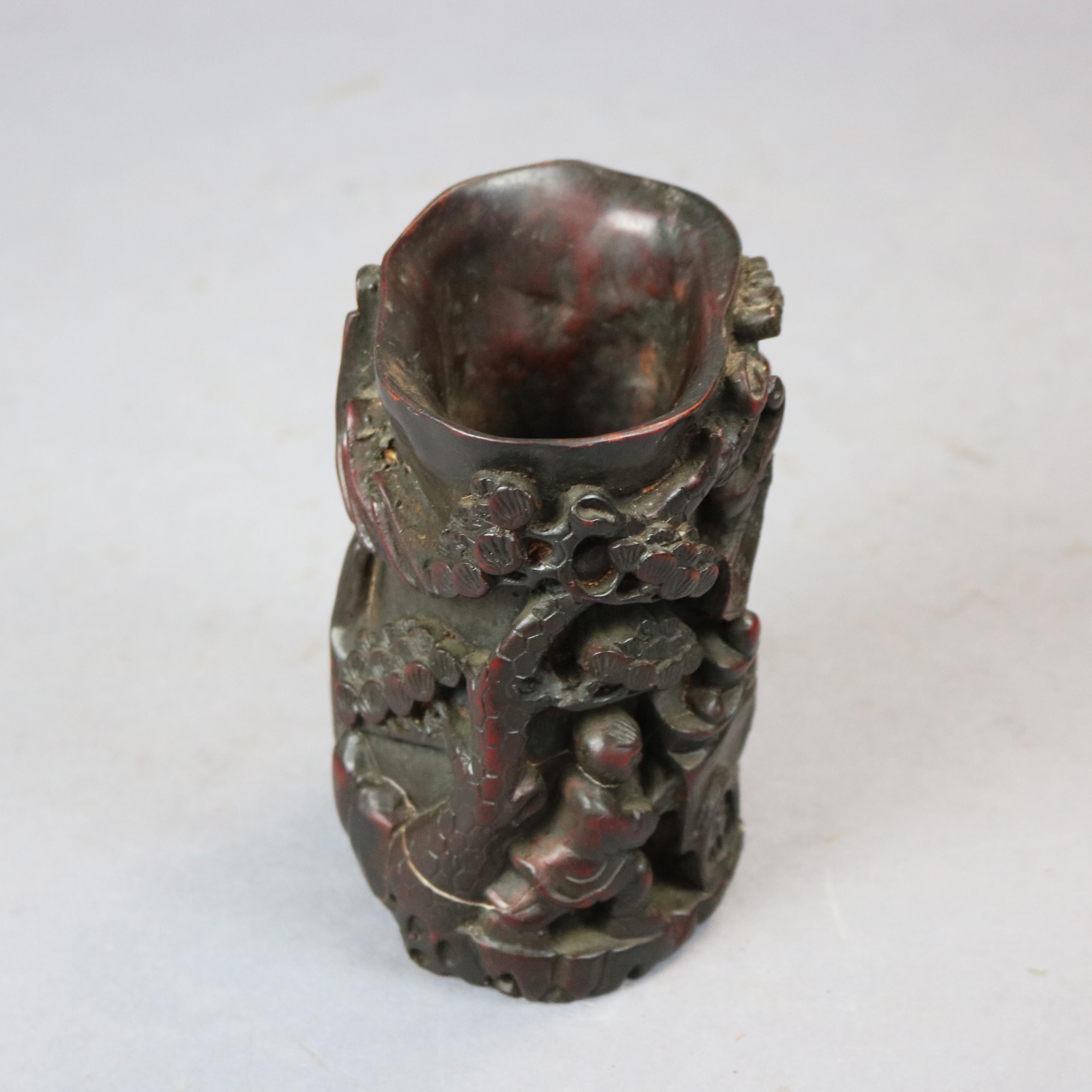 Antique Chinese Carved-In-Relief Resin Libation Cup, Genre Scene, 20th Century For Sale 8