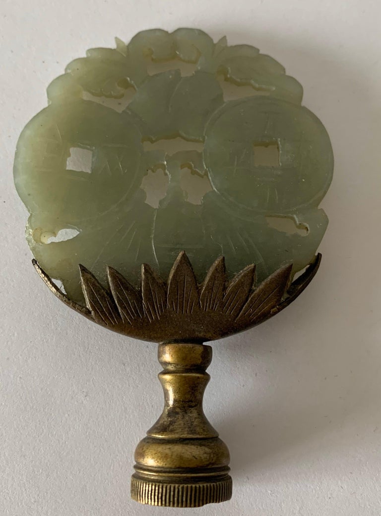 Antique Chinese Carved Jade and Brass Lamp Finial For Sale at 1stdibs