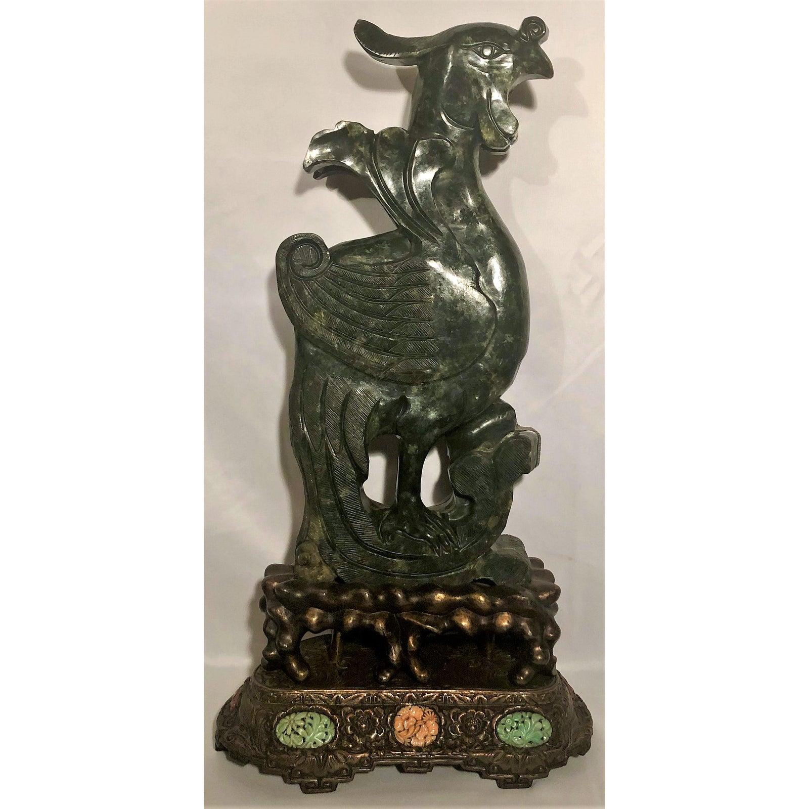 Antique Chinese late 19th century carved jade figure of a phoenix, 