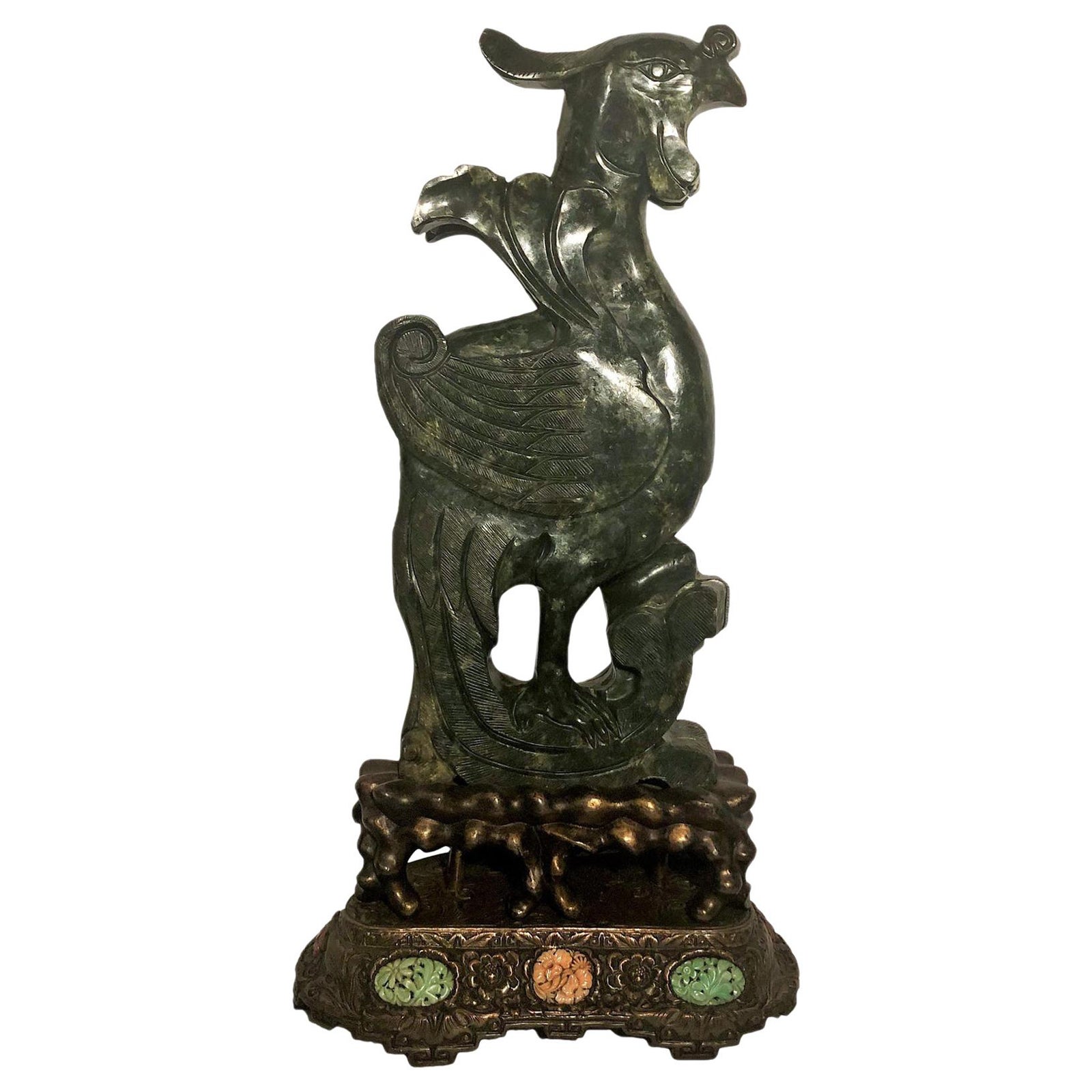 Antigua figura china tallada en jade de un fénix, "Libertad, vida eterna"