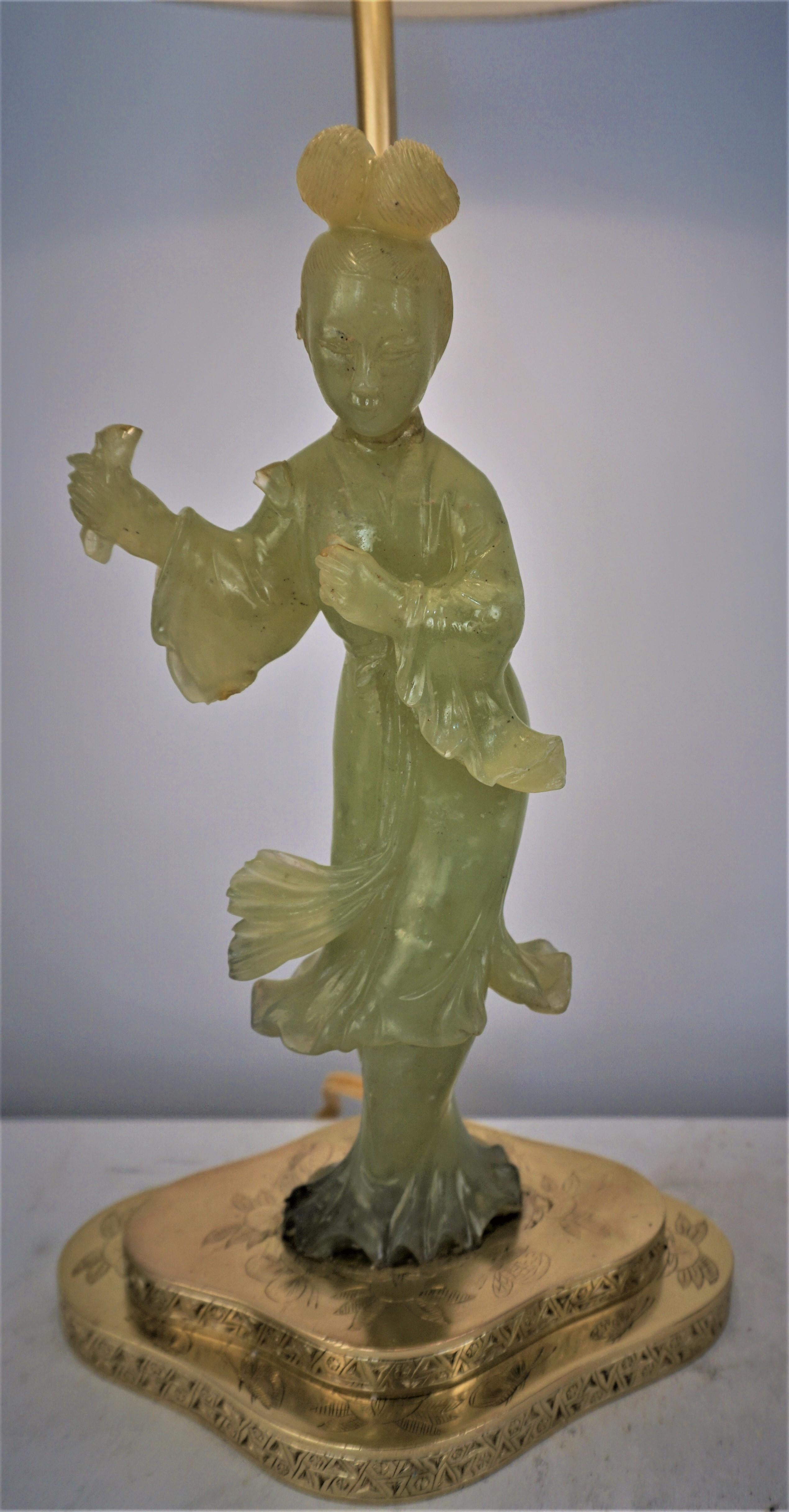 Chinese carved jade figure table Lamp, 1930's with Silk Shade, Guan Yin Figures on bronze bases.
Professionally rewired.