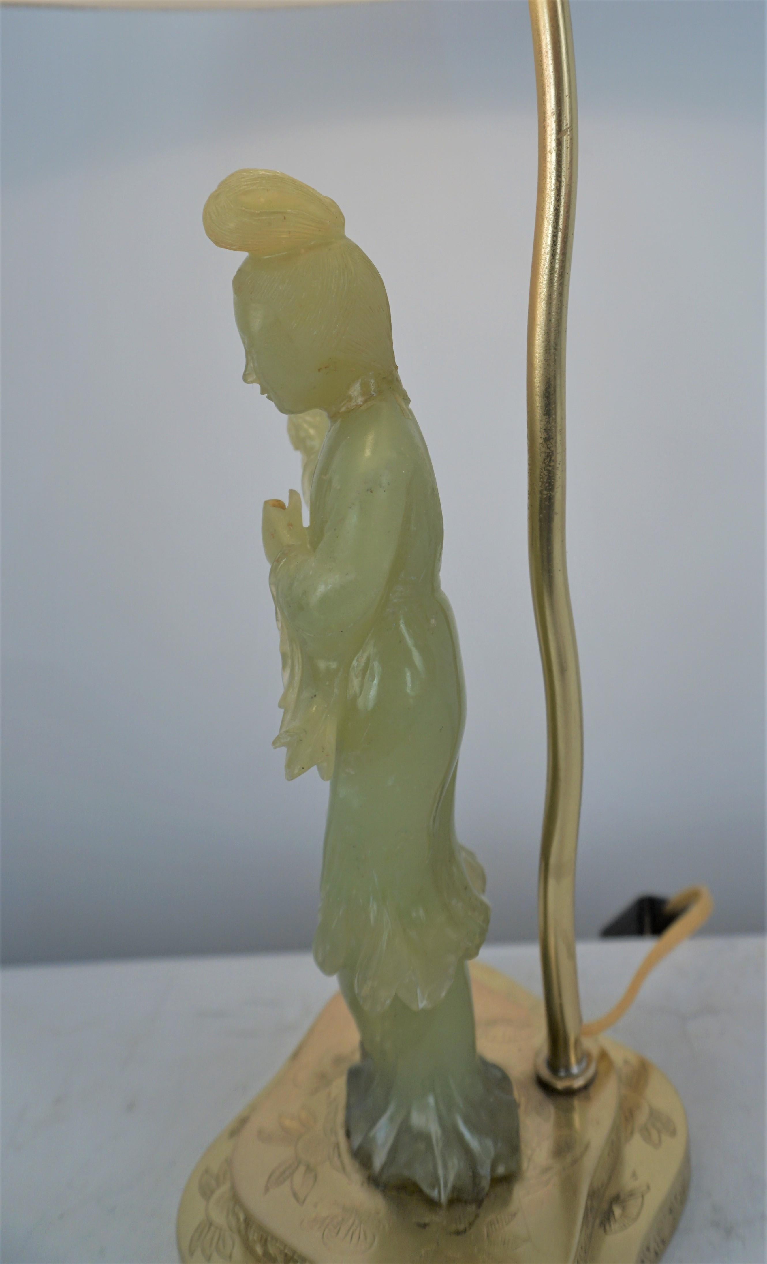 Bronze Antique Chinese Carved Jade Guan Yin Table Lamp