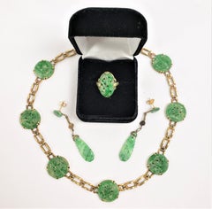 Antique Chinese Carved Jade Necklace, Ring & Earring Set in 14 Karat Yellow Gold