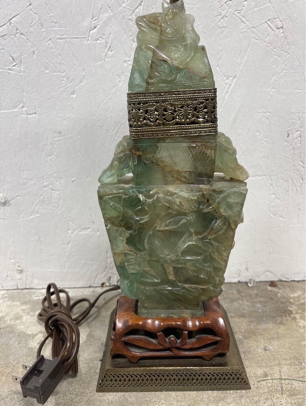 Antique Chinese Carved Jade Table Lamp, Circa 1920 In Good Condition In Atlanta, GA