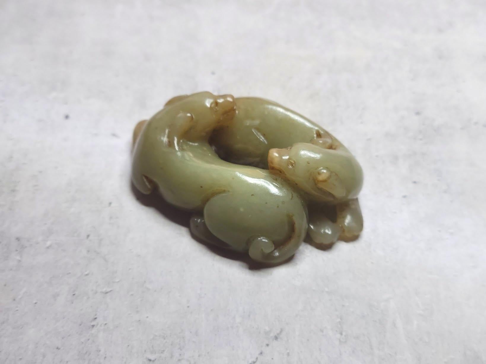 Mixed Cut Antique Chinese Carved Jade Two Dogs